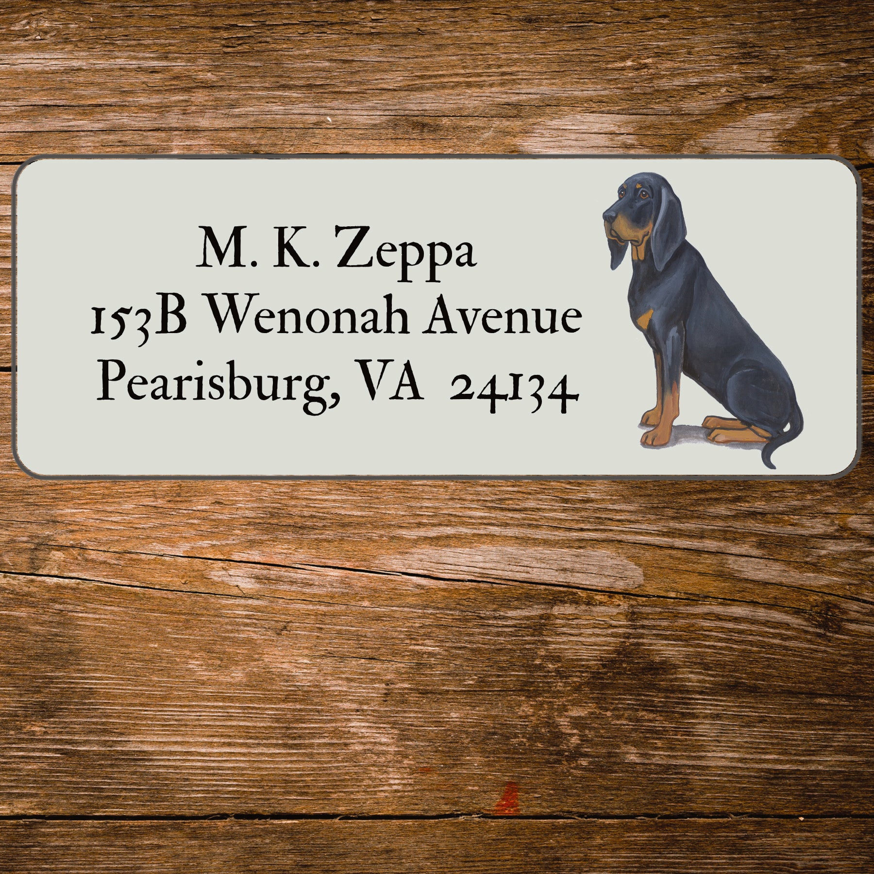 Return address label with a Black and Tan Coonhound illustration