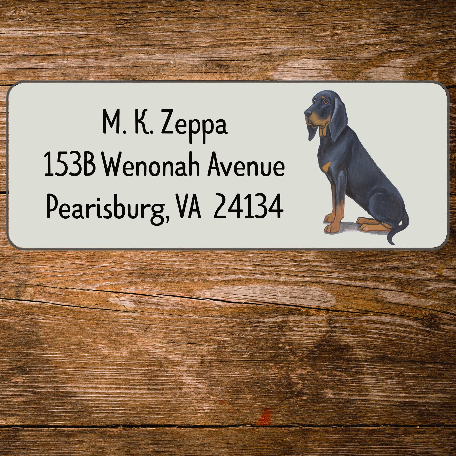 Return address label with a Black and Tan Coonhound illustration