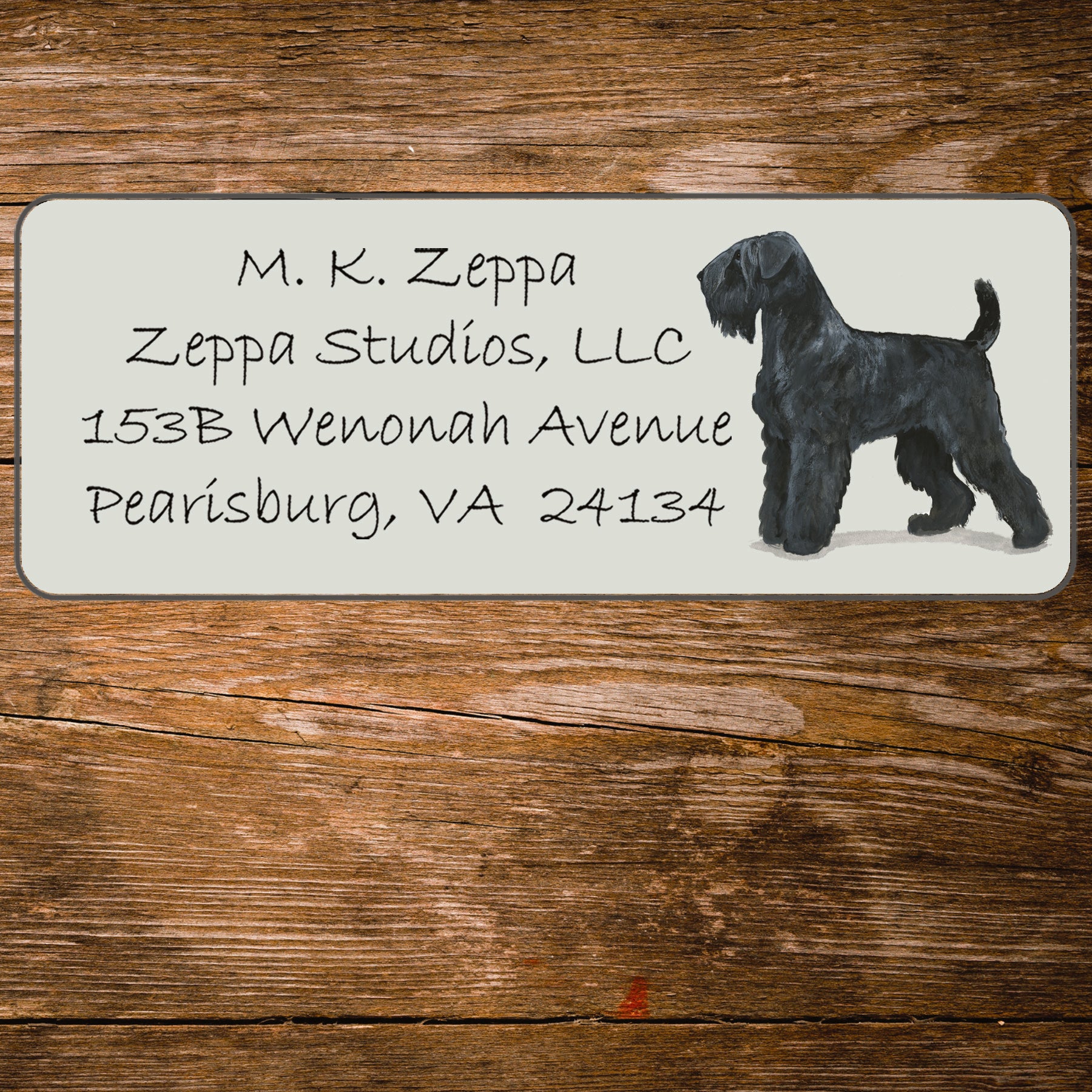 Return address label with a Black Russian Terrier illustration..