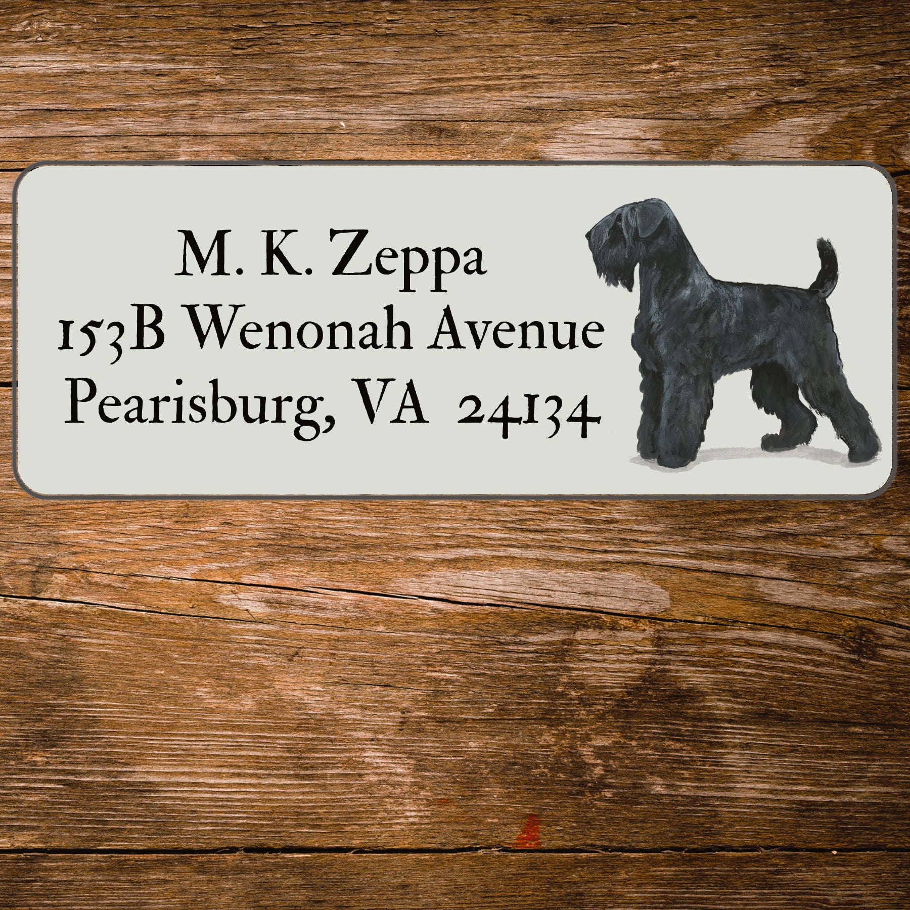 Return address label with a Black Russian Terrier illustration..