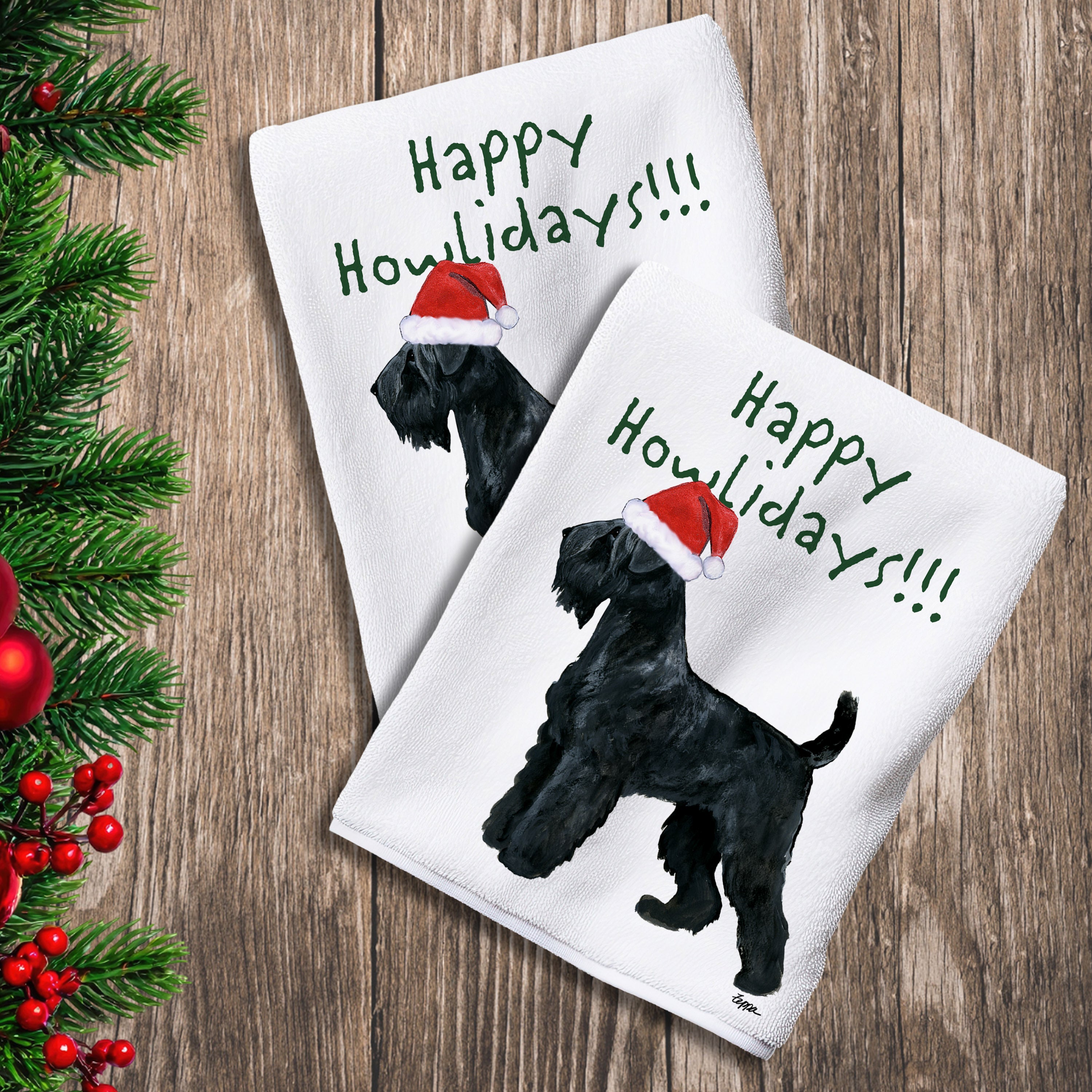 2 Kitchen Towels with a Black Russian Terrier in a Santa Hat and Happy Howlidays text.
