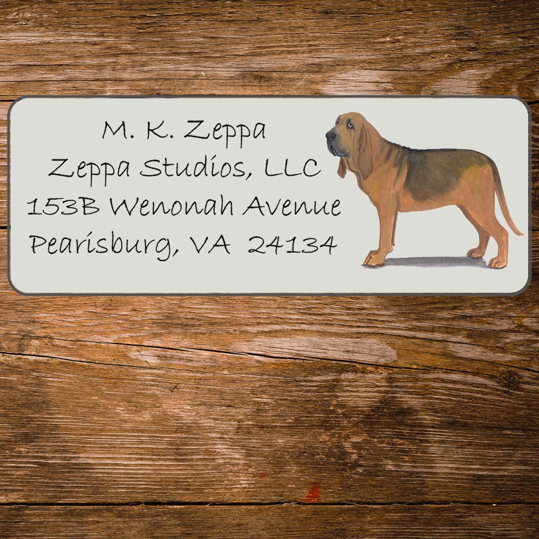 Return address label with a Bloodhound illustration