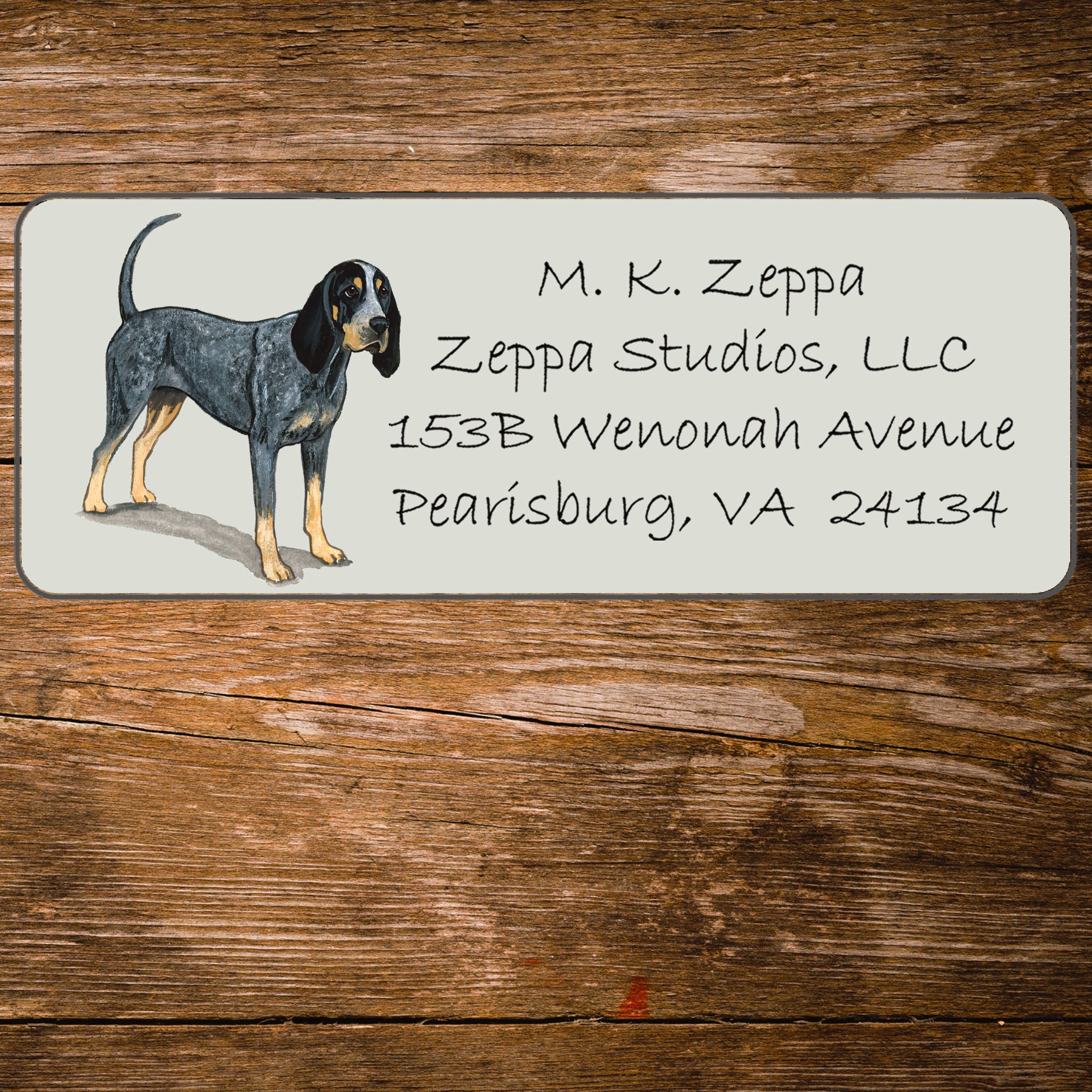 Return address label with a Bluetick Coonhound illustration