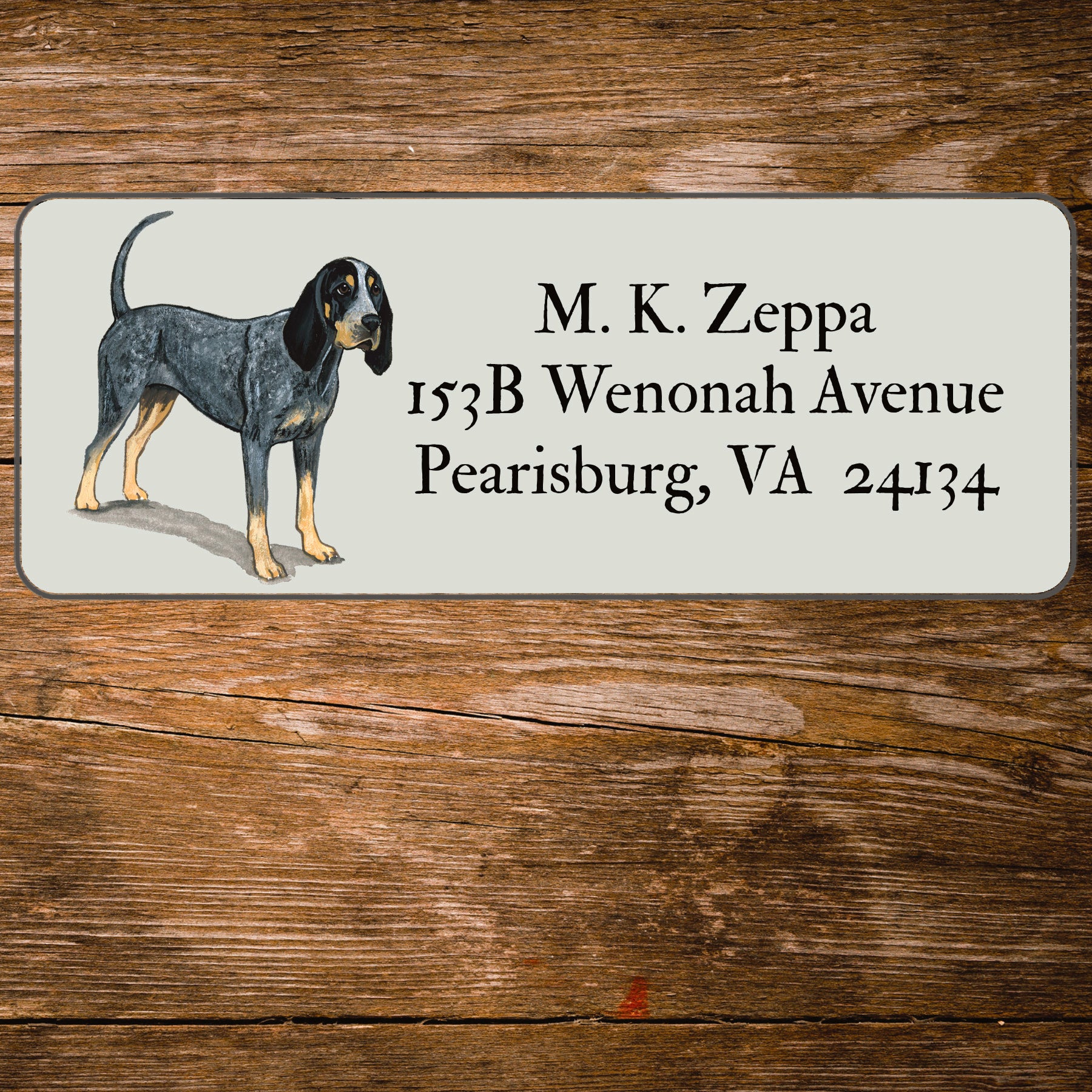 Return address label with a Bluetick Coonhound illustration