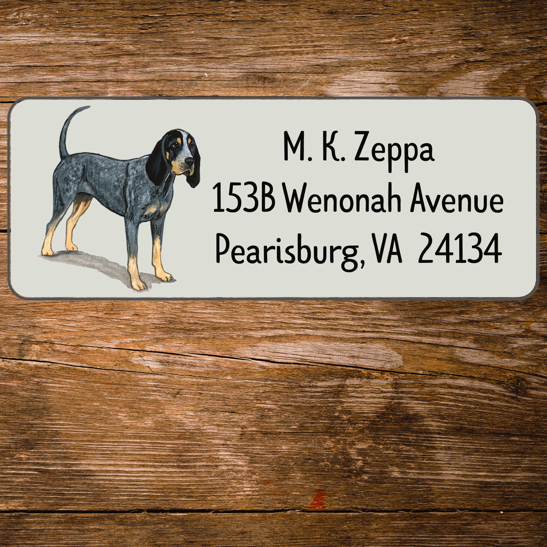 Return address label with a Bluetick Coonhound illustration