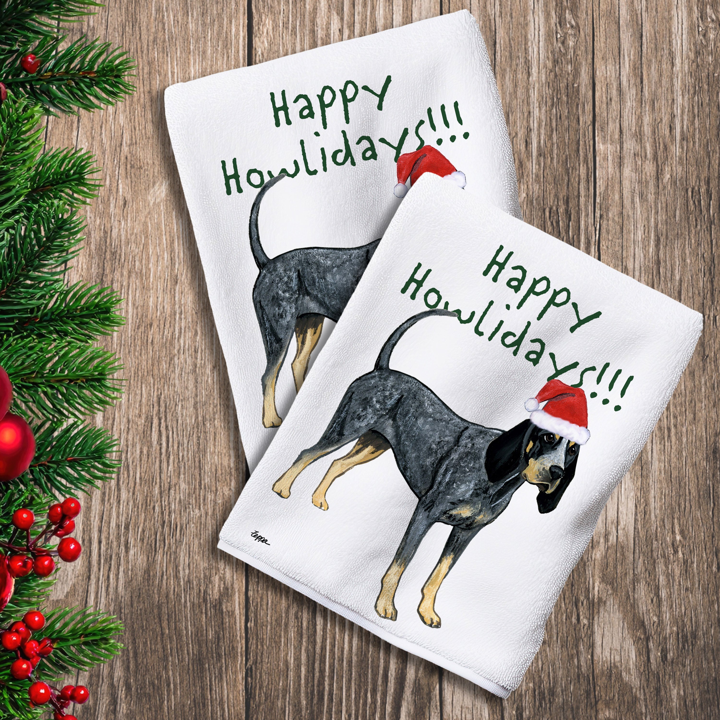 2 Kitchen Towels with a Bluetick Coonhound in a Santa Hat and Happy Howlidays text.