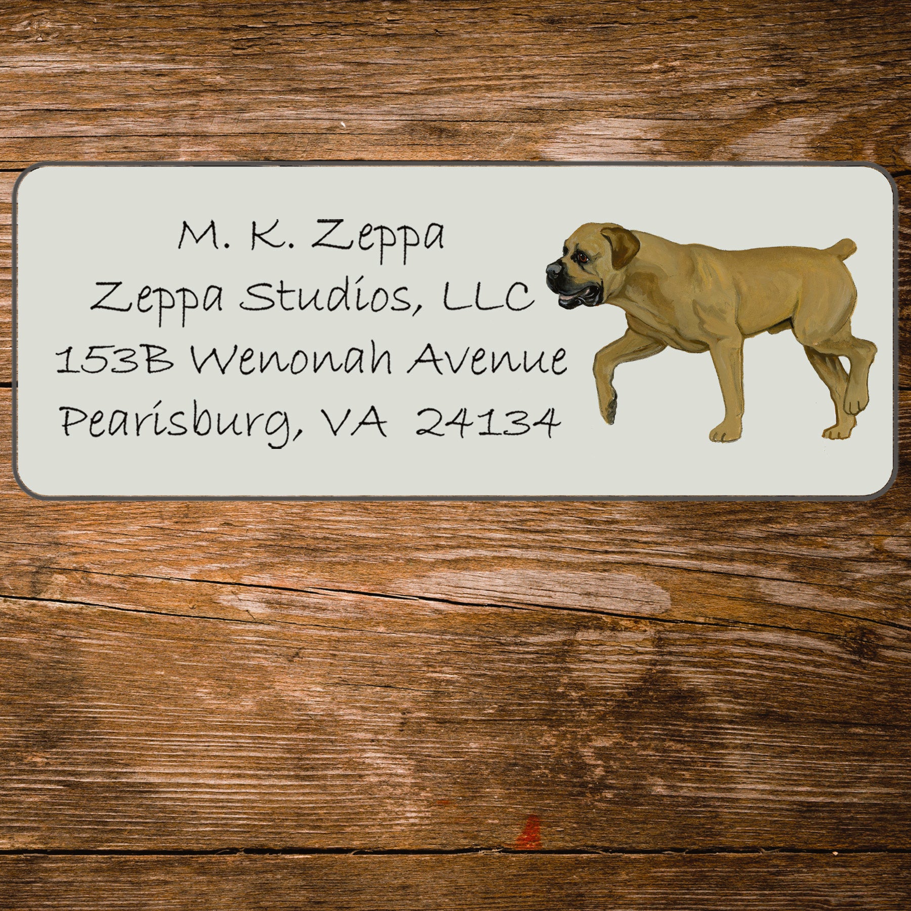 Return address label with an illustration of a Boerboel.