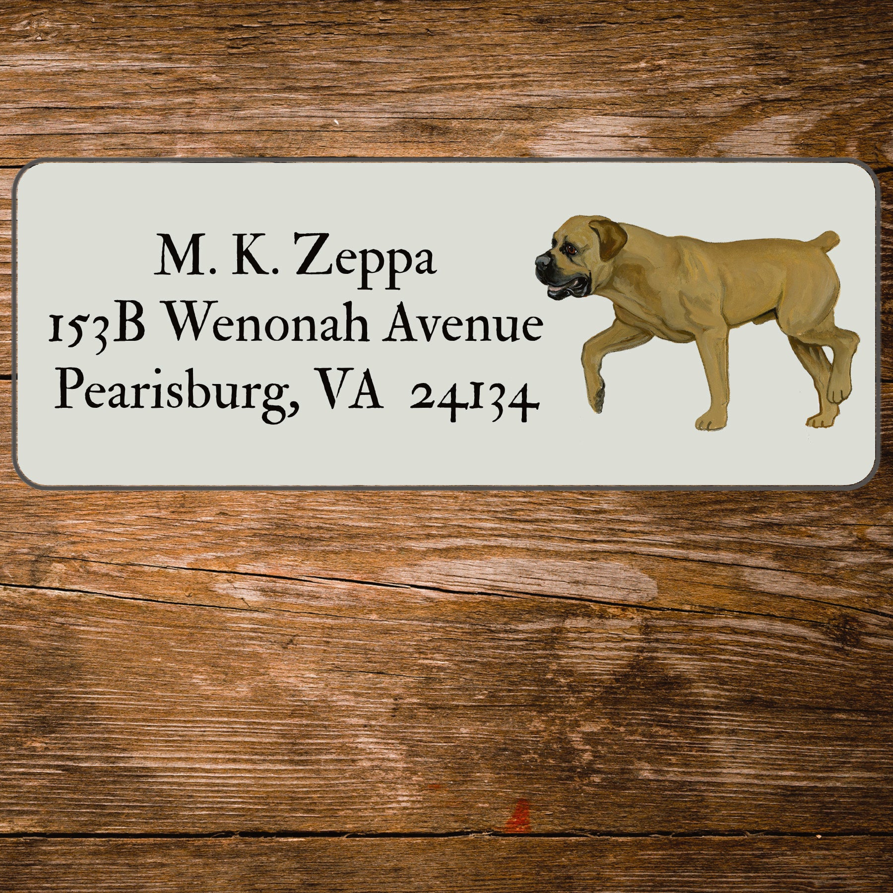 Return address label with an illustration of a Boerboel.