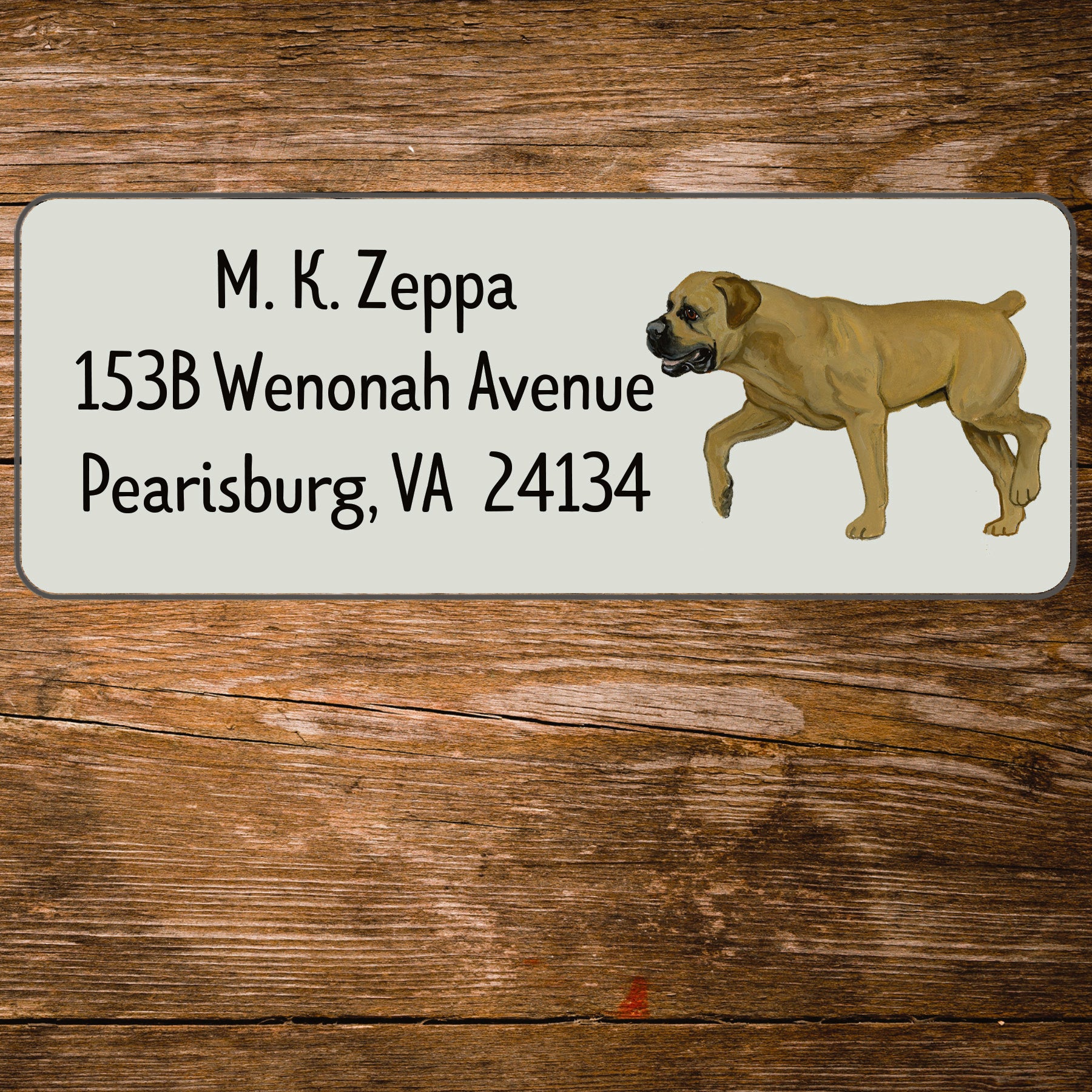 Return address label with an illustration of a Boerboel.