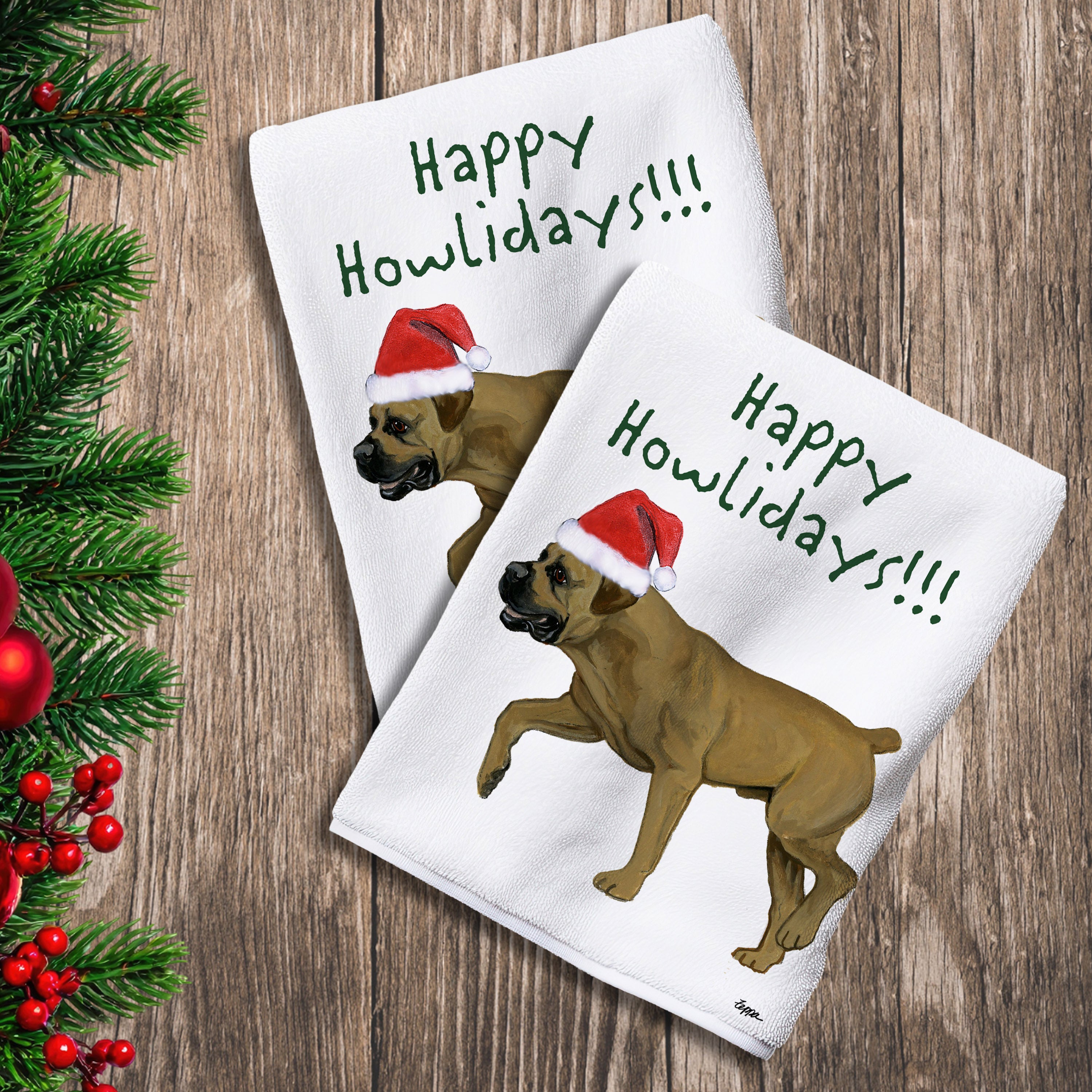 2 Kitchen Towels with a Boerboel in a Santa Hat and Happy Howlidays text.