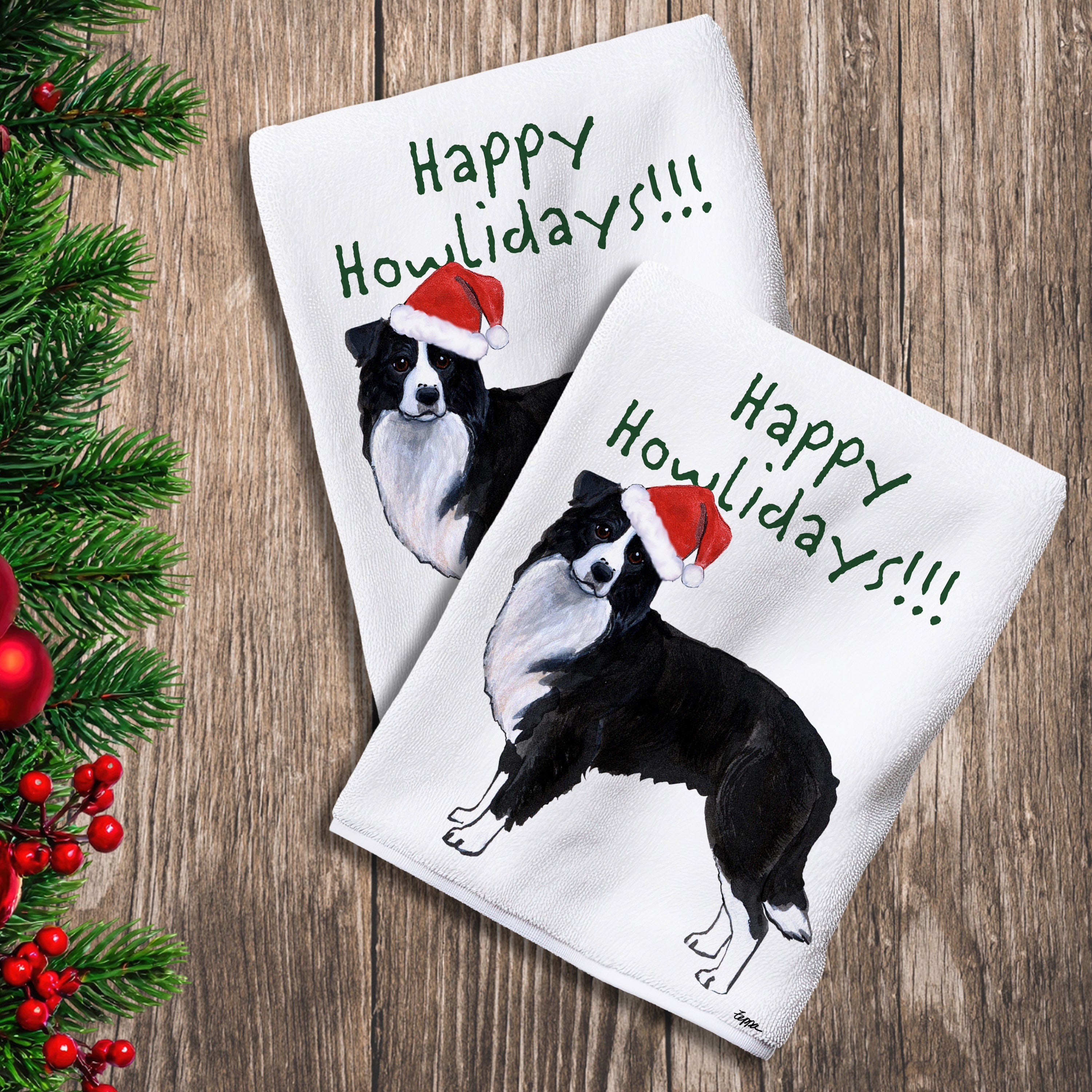 2 Kitchen Towels with a Border Collie in a Santa Hat and Happy Howlidays text.