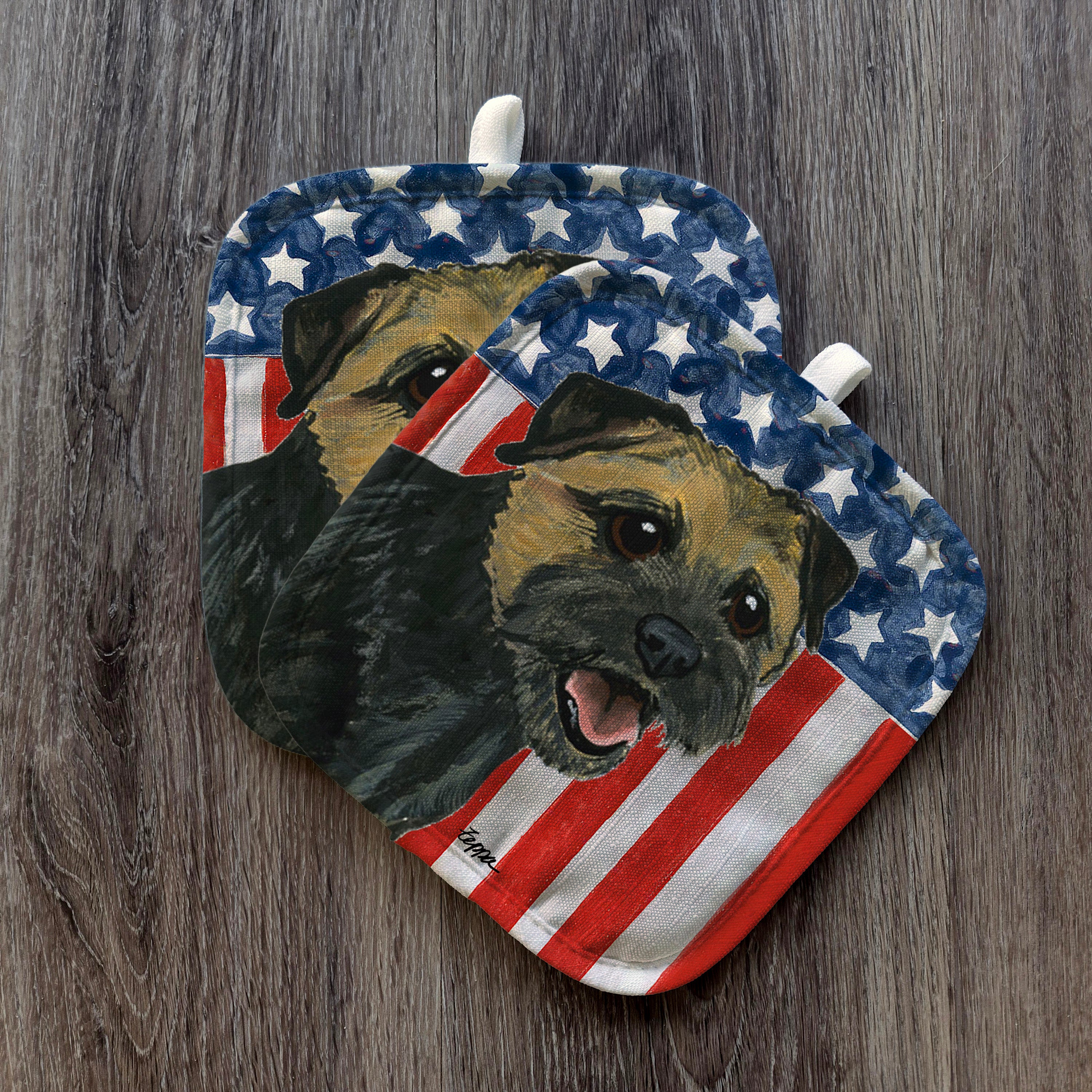 Black and Tan Border Terrier Americana Pot Holder Set