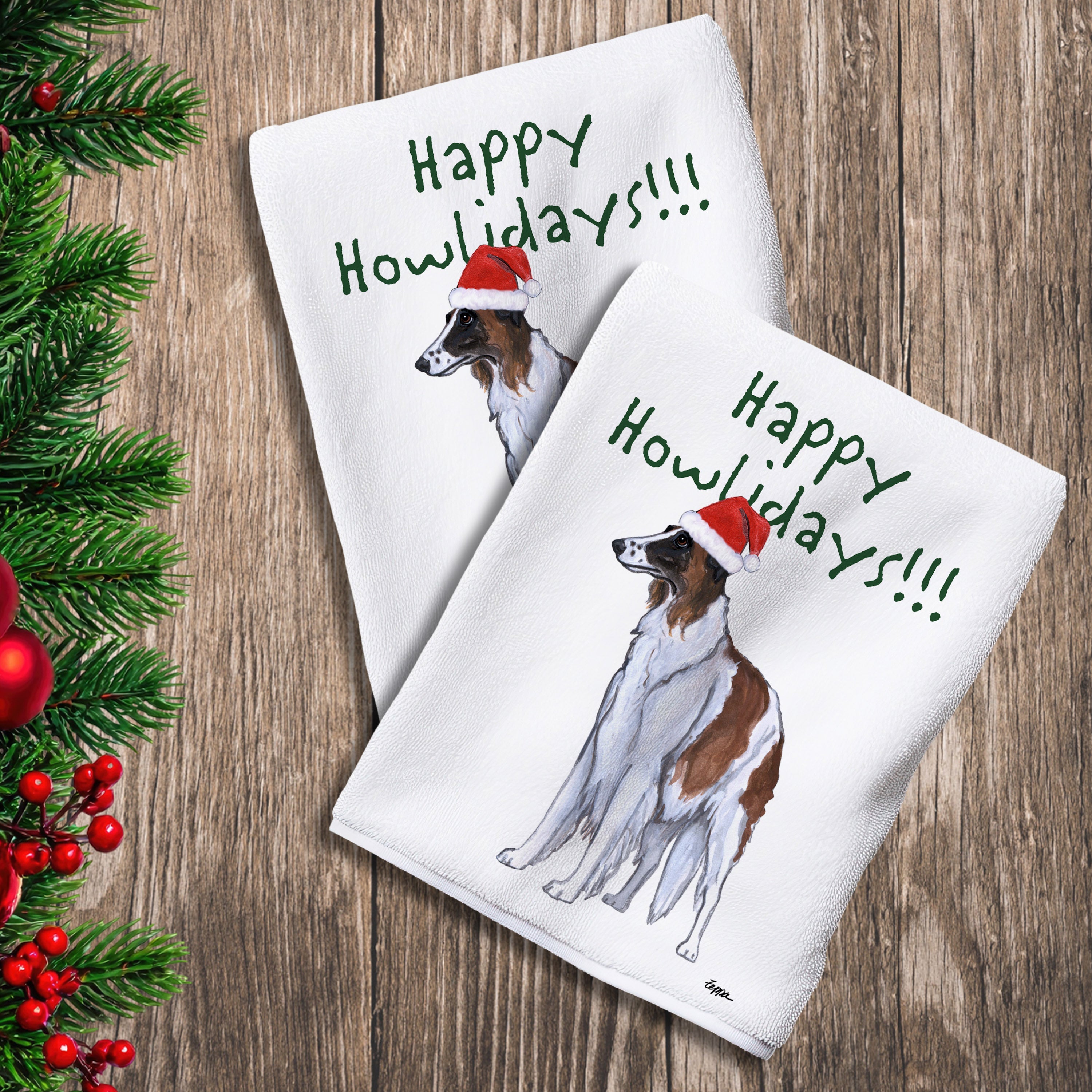 2 Kitchen Towels with a Borzoi in a Santa Hat and Happy Howlidays text.