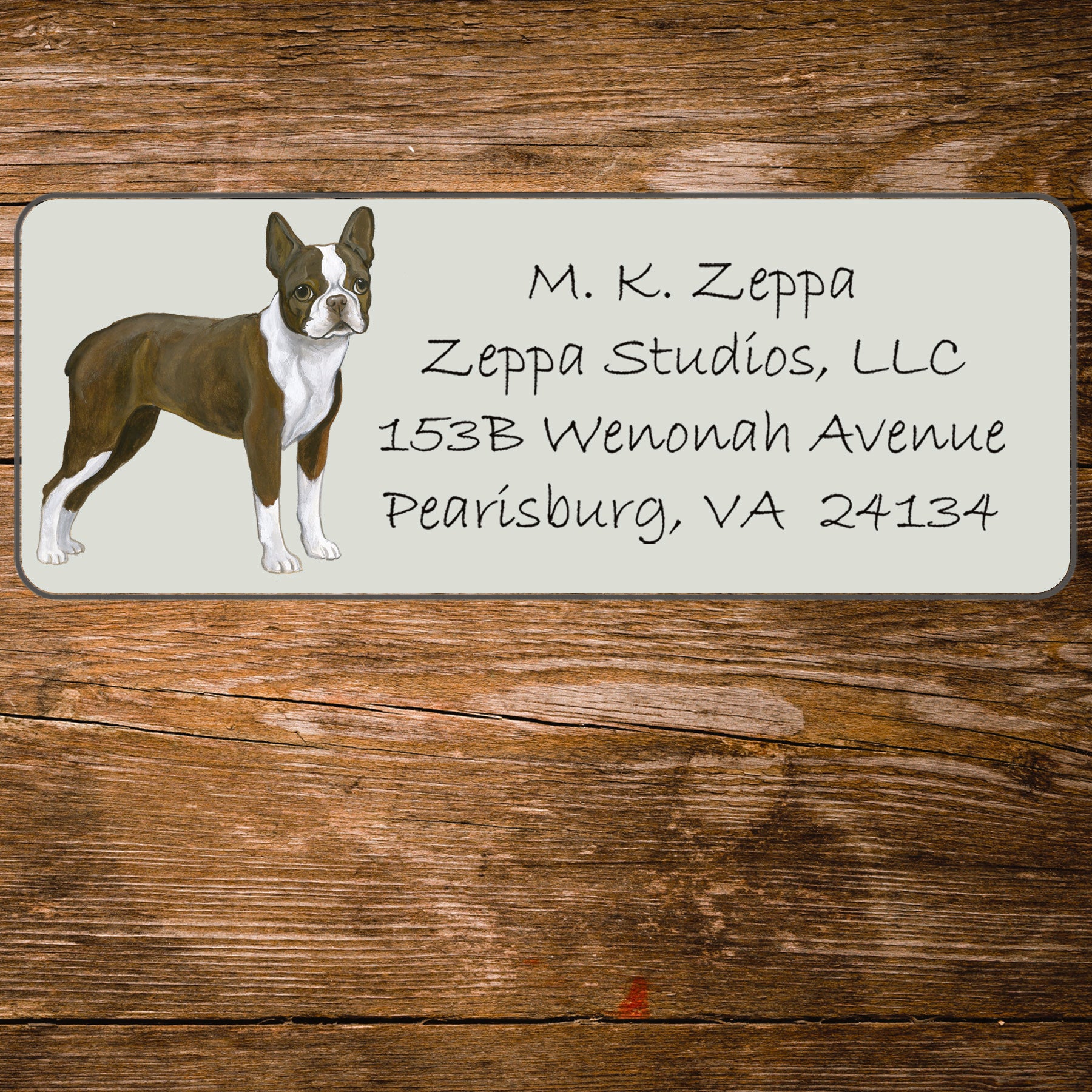 Return address label with a Boston Terrier illustration