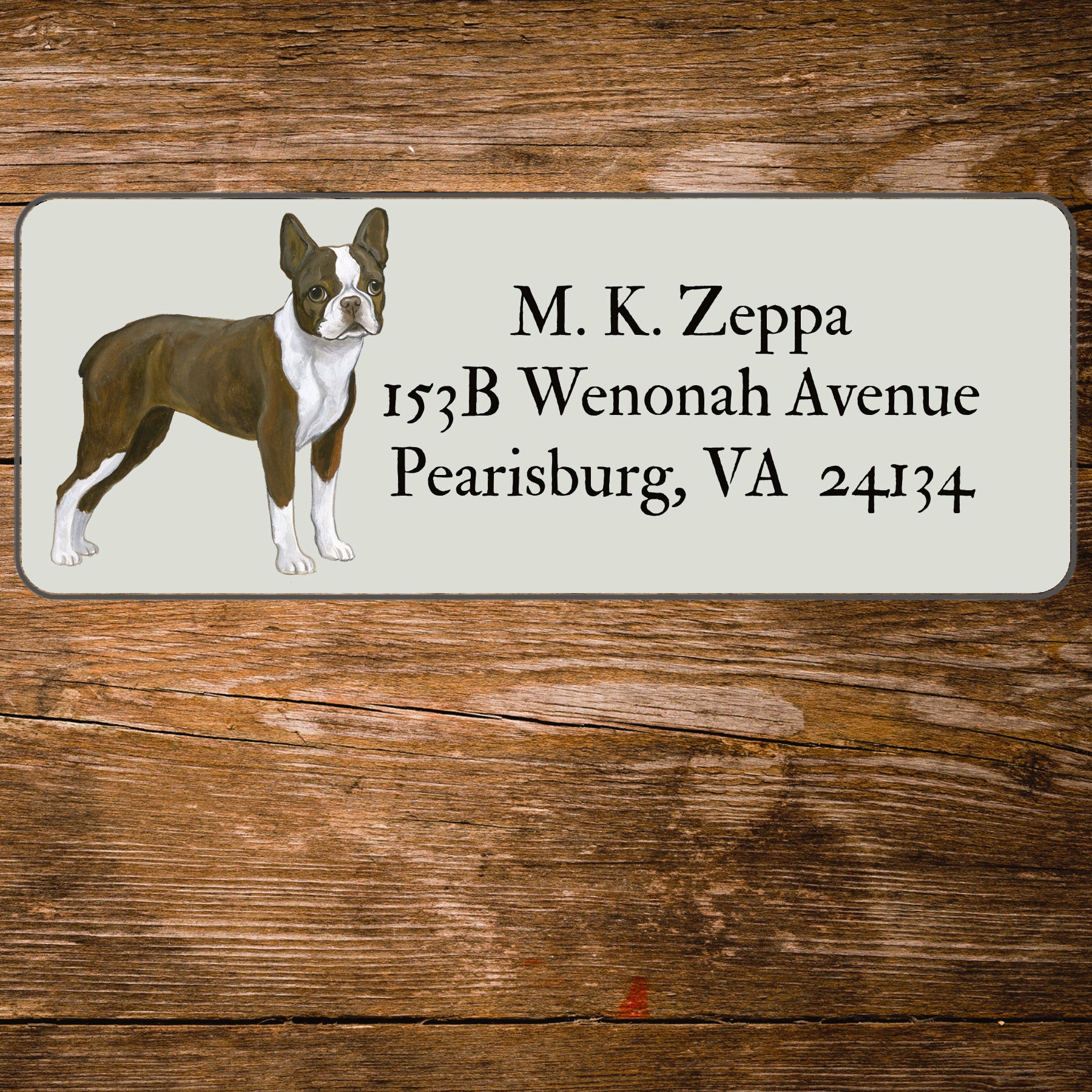 Return address label with a Boston Terrier illustration
