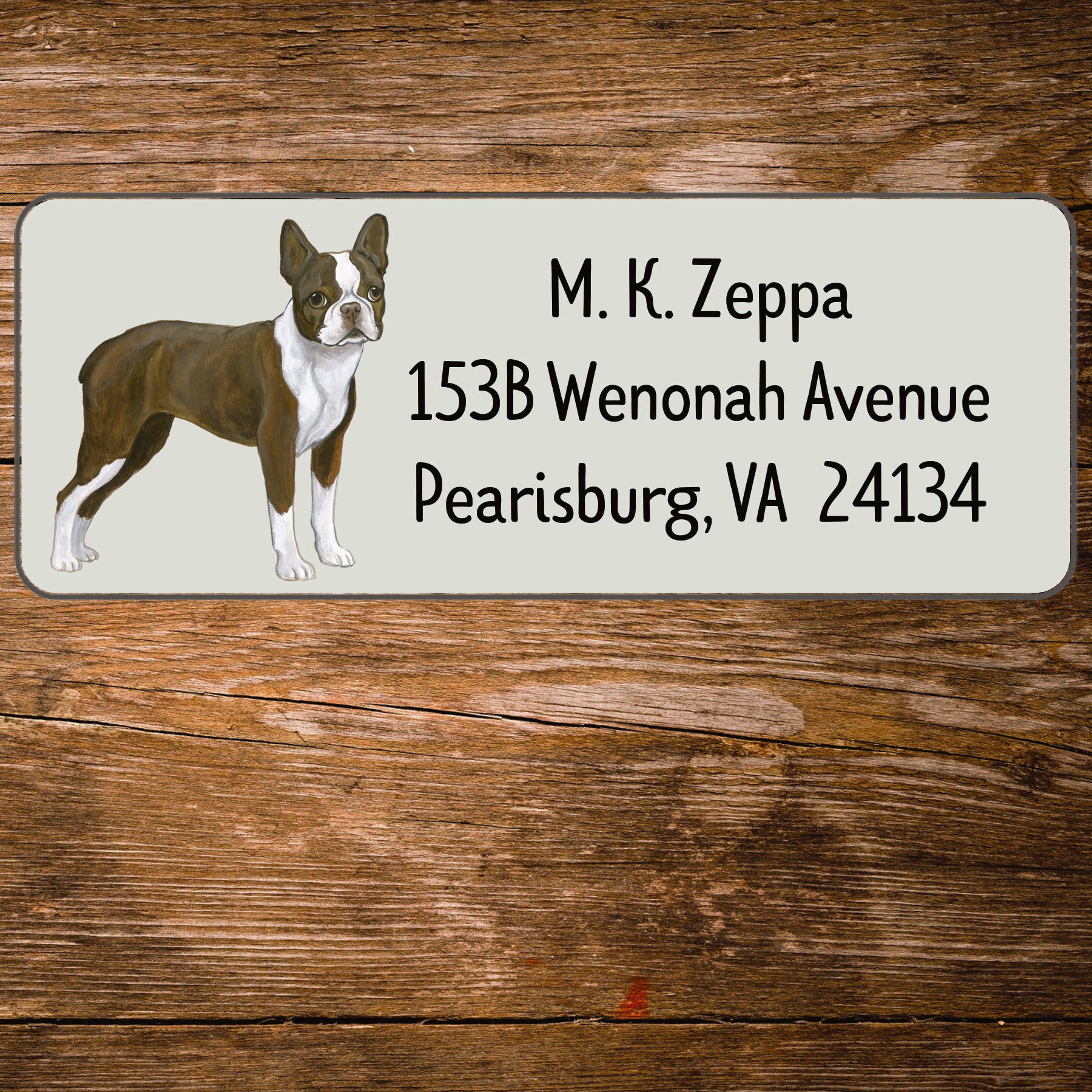 Return address label with a Boston Terrier illustration