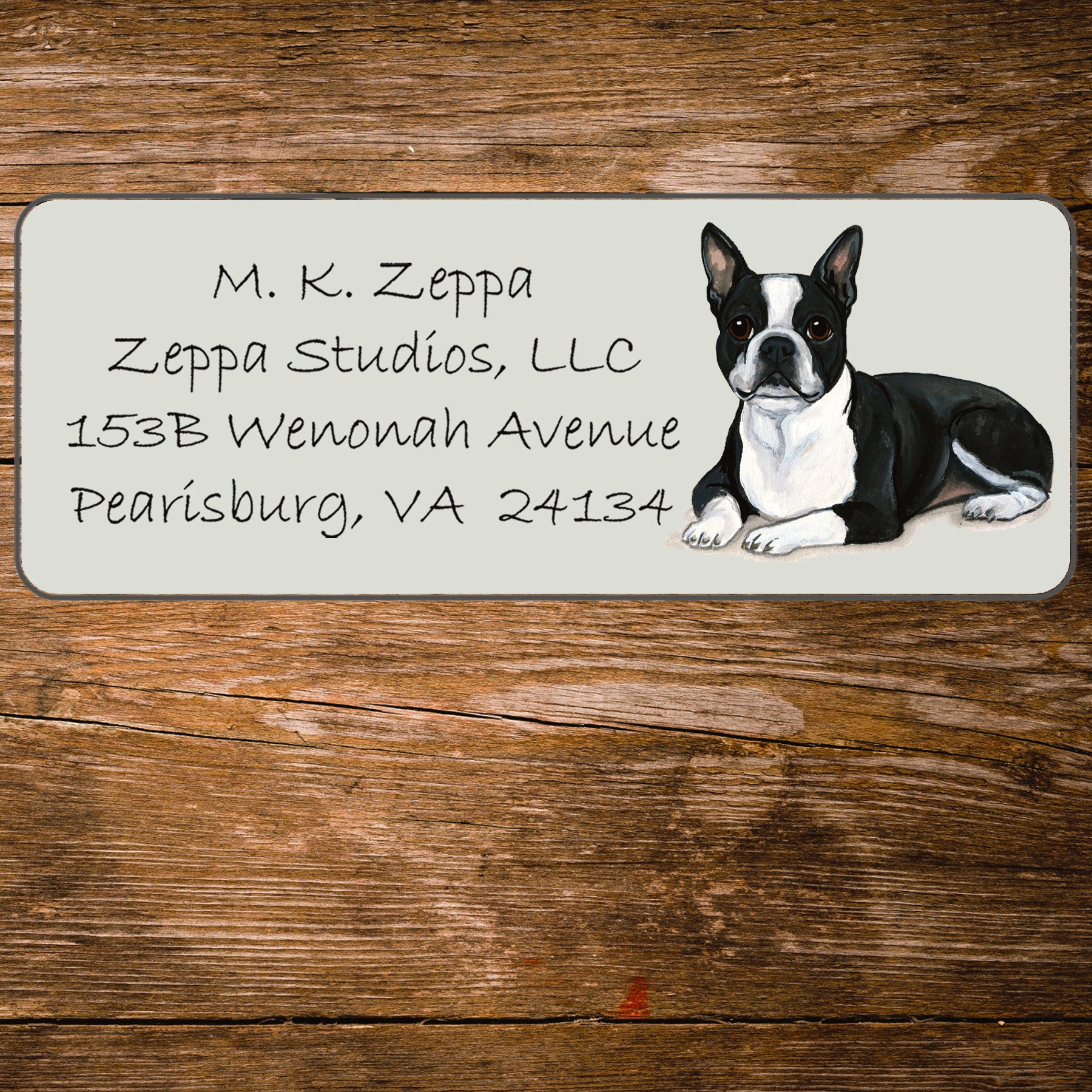 Return address label with a Boston Terrier illustration