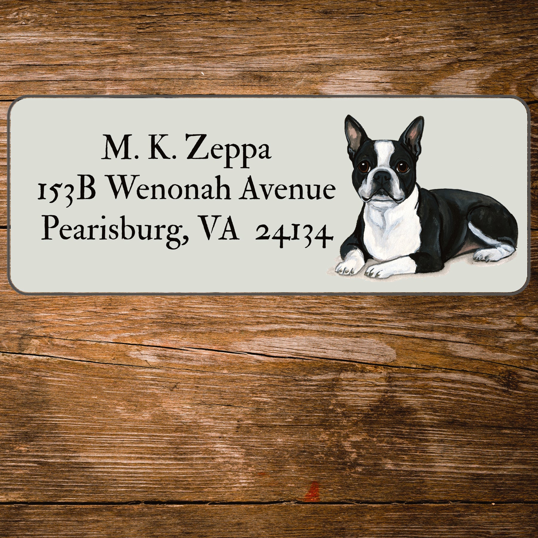 Return address label with a Boston Terrier illustration