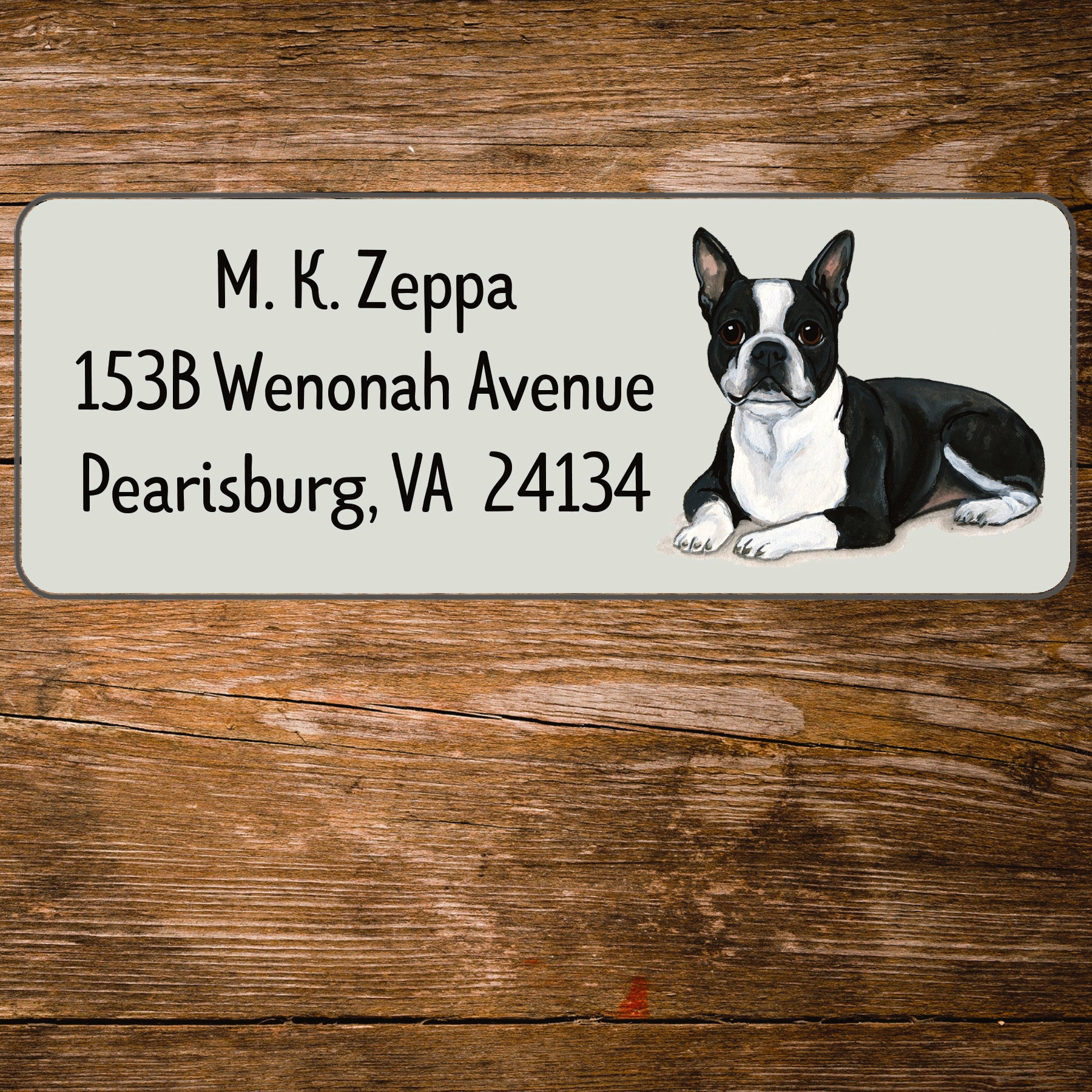 Return address label with a Boston Terrier illustration