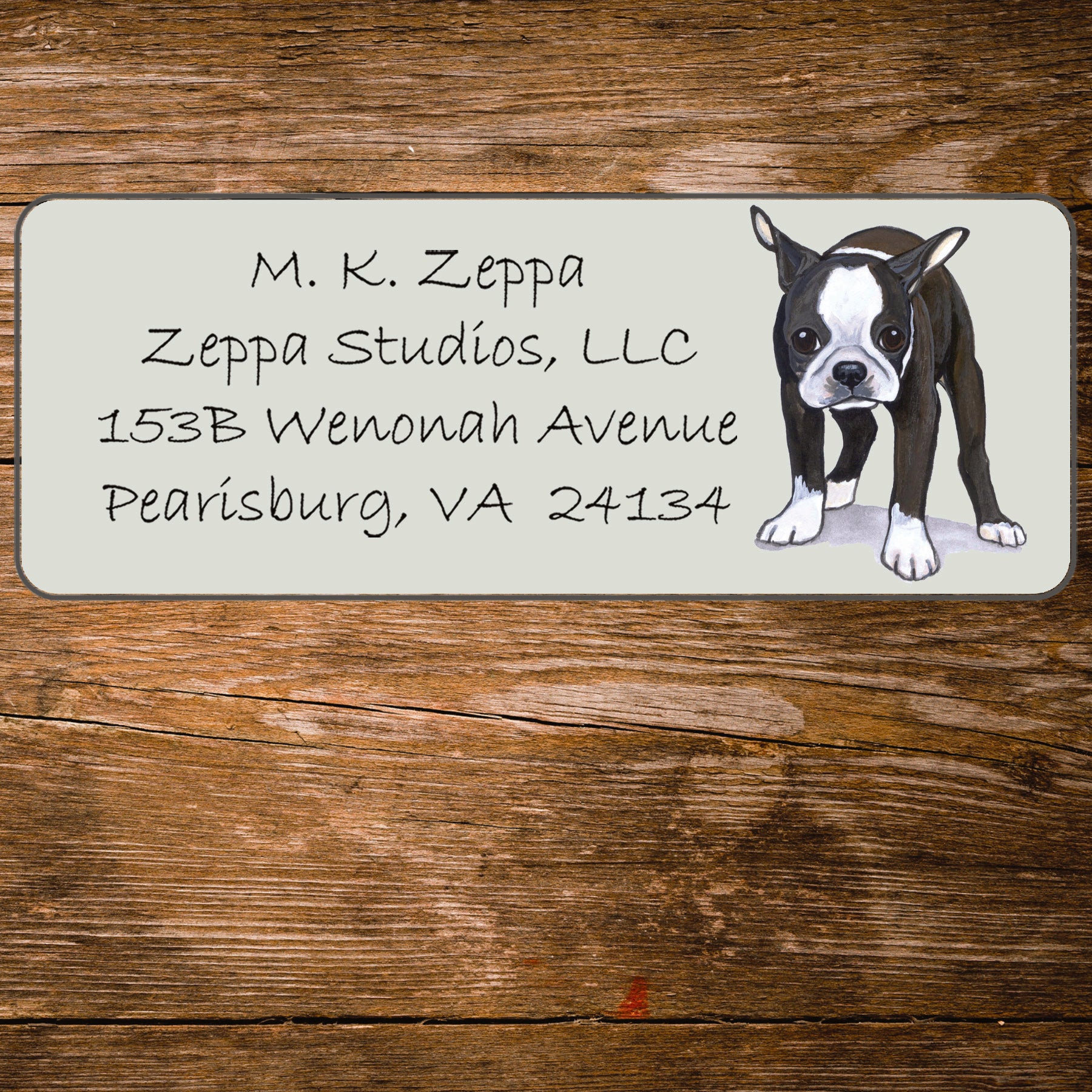 Return address label with a Boston Terrier illustration