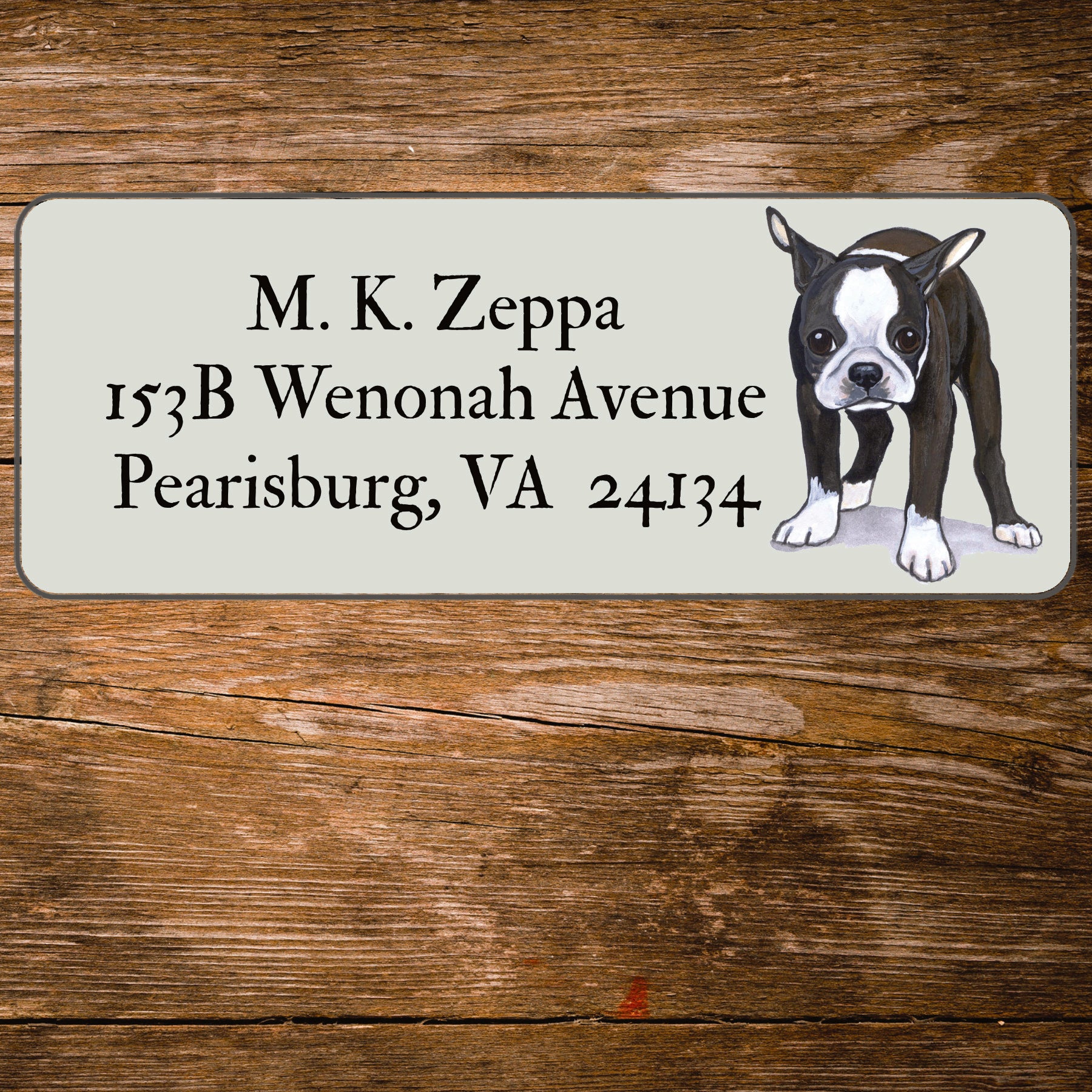 Return address label with a Boston Terrier illustration