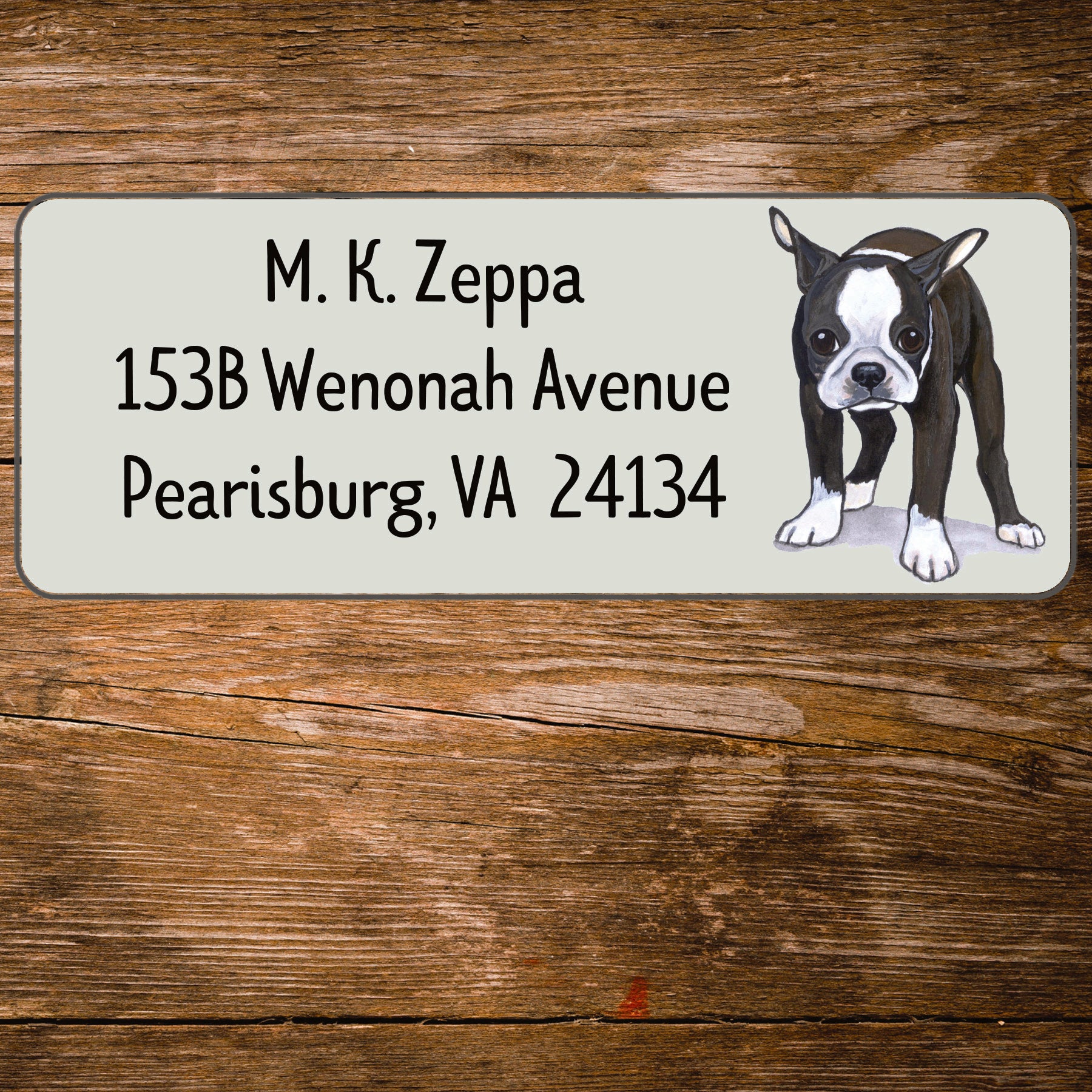 Return address label with a Boston Terrier illustration