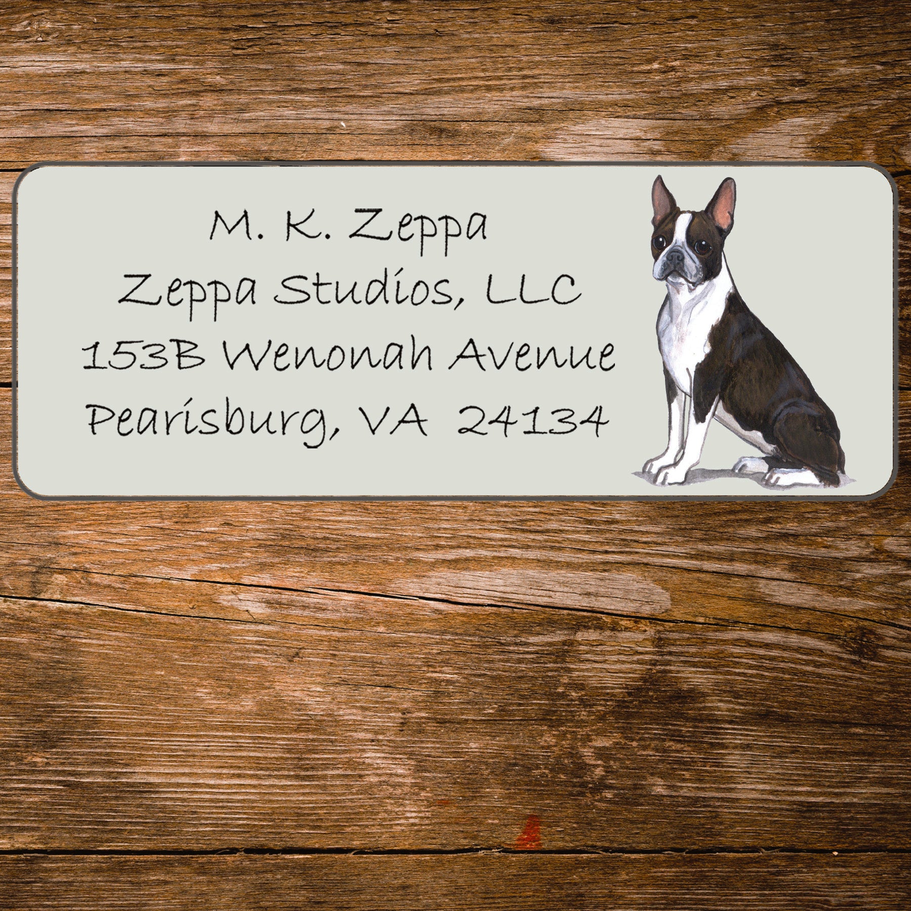 Return address label with a Boston Terrier illustration