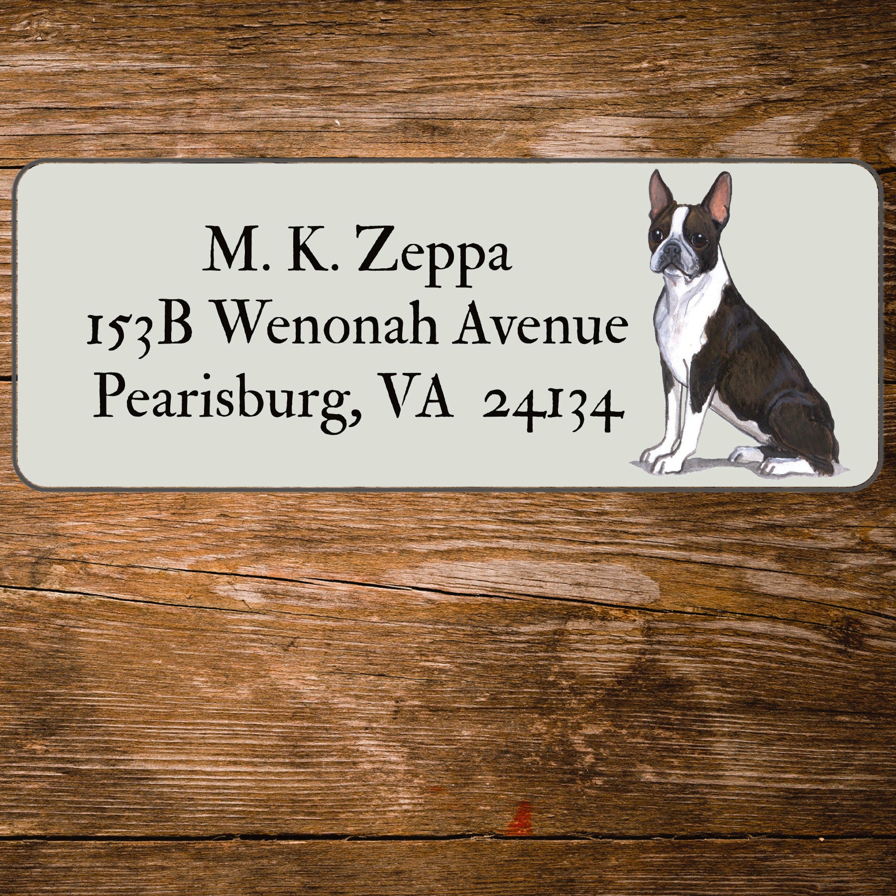 Return address label with a Boston Terrier illustration