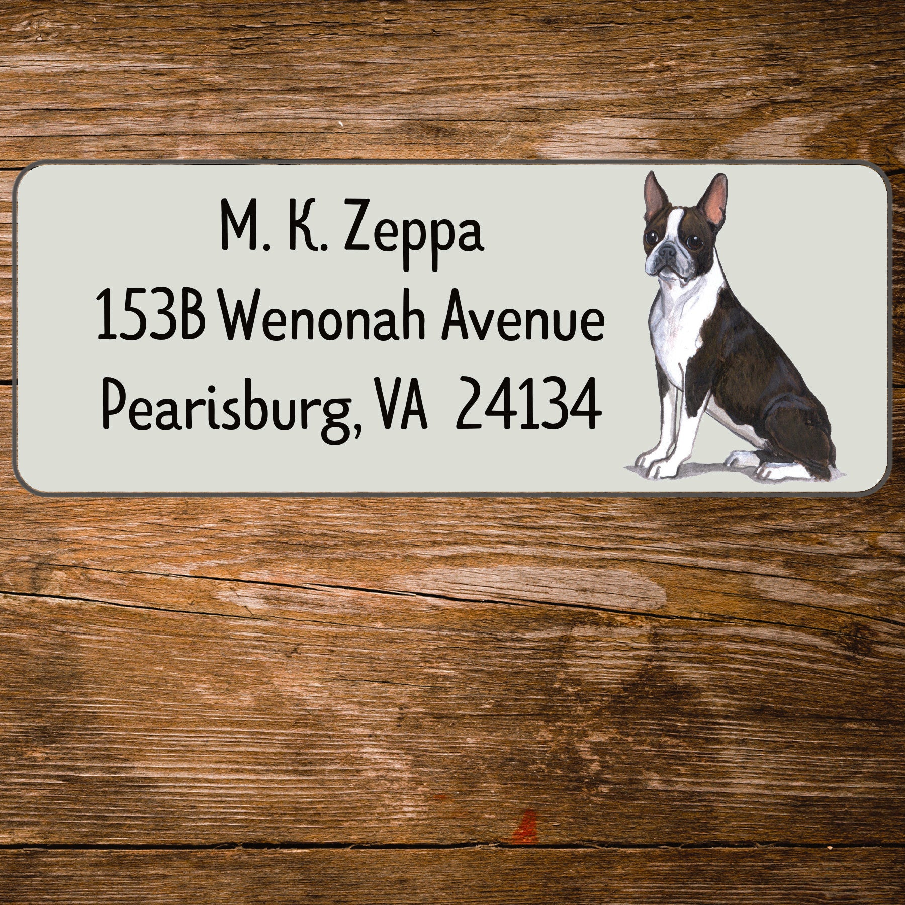 Return address label with a Boston Terrier illustration