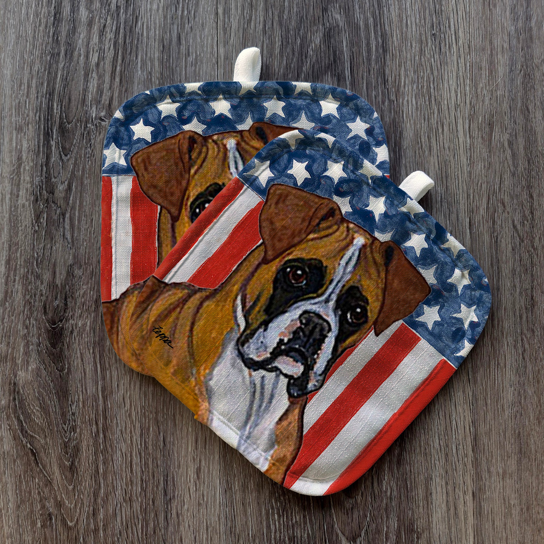 Tan Uncropped Boxer Americana Pot Holder Set