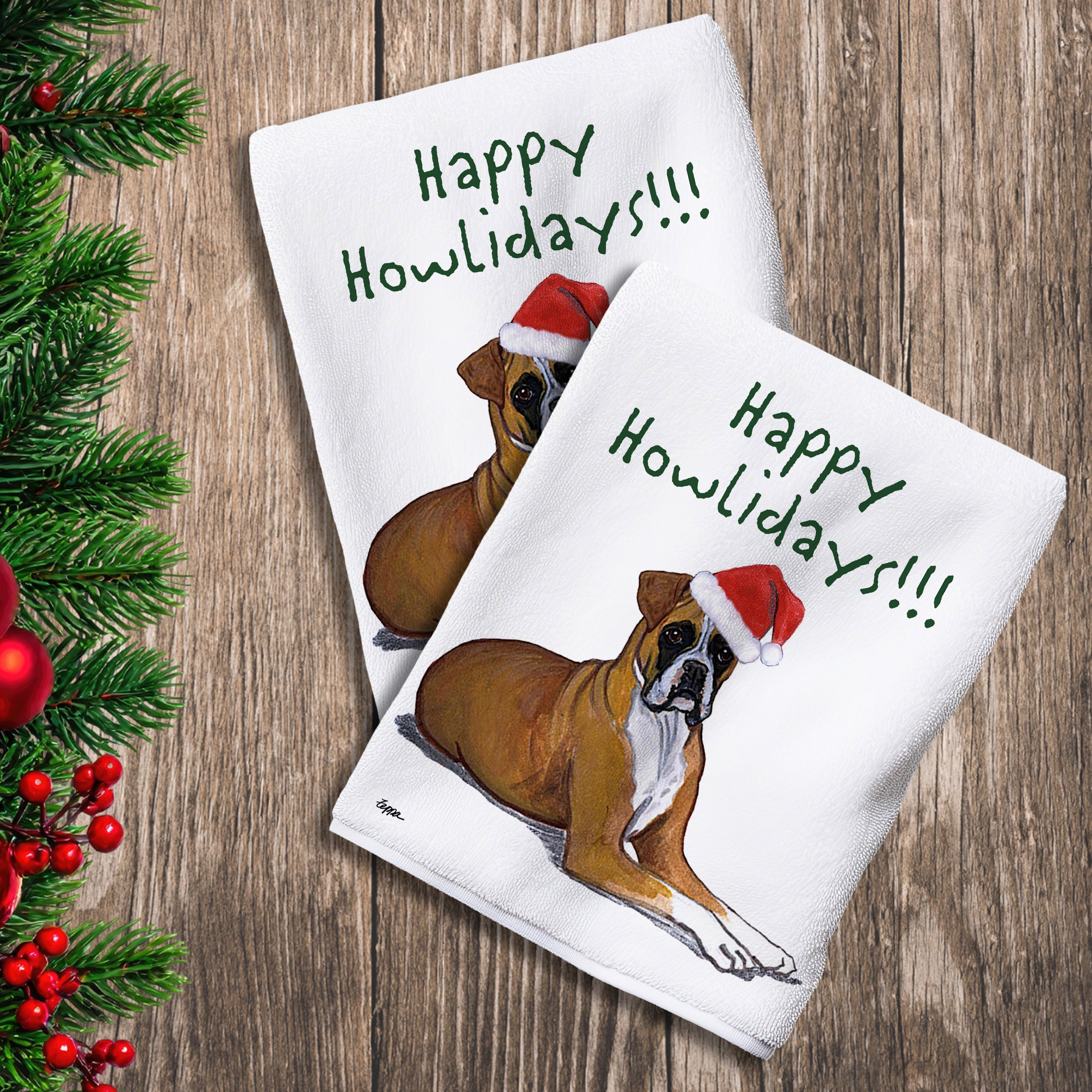 2 Kitchen Towels with an uncropped tan Boxer in a Santa Hat and Happy Howlidays text.