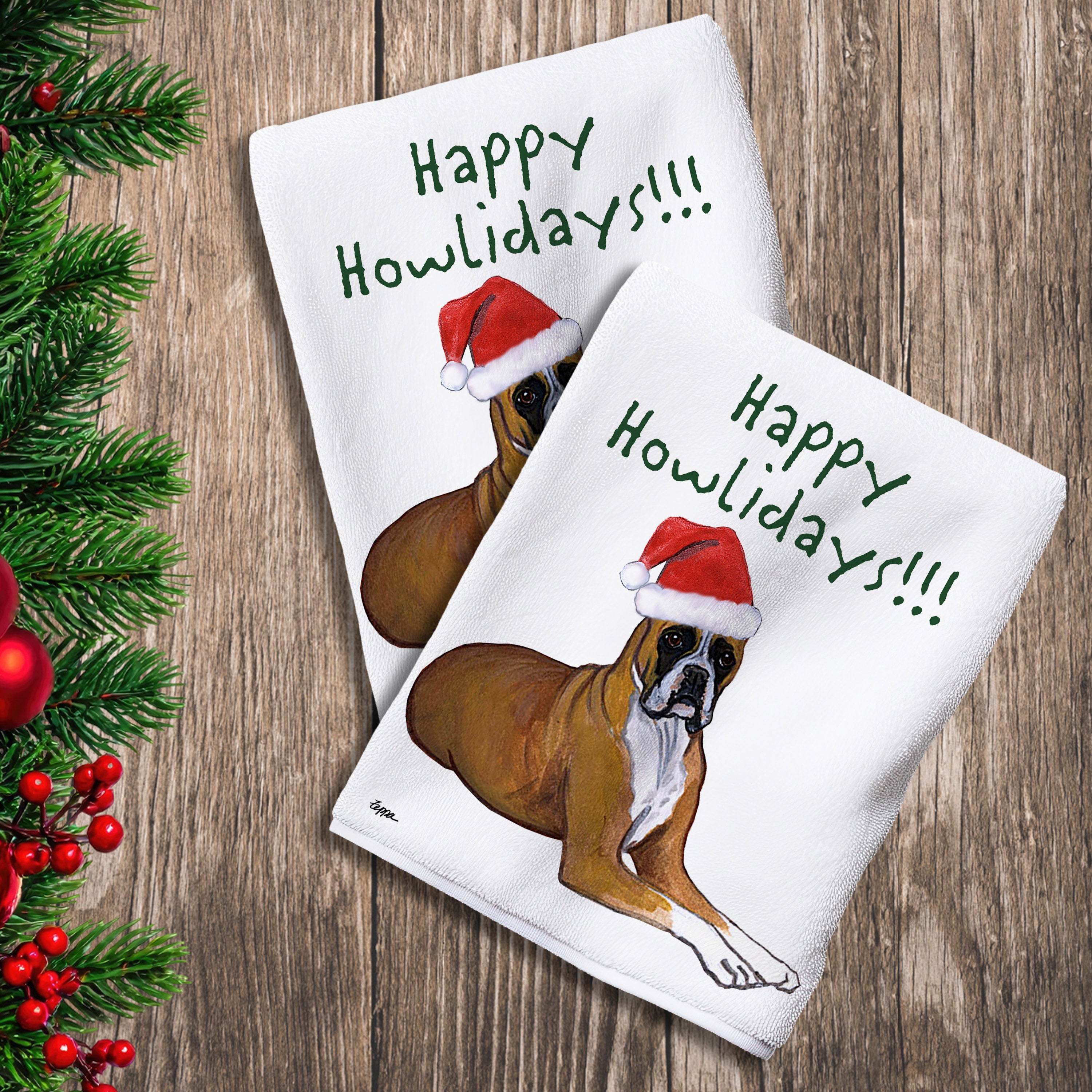 2 Kitchen Towels with a tan Boxer in a Santa Hat and Happy Howlidays text.