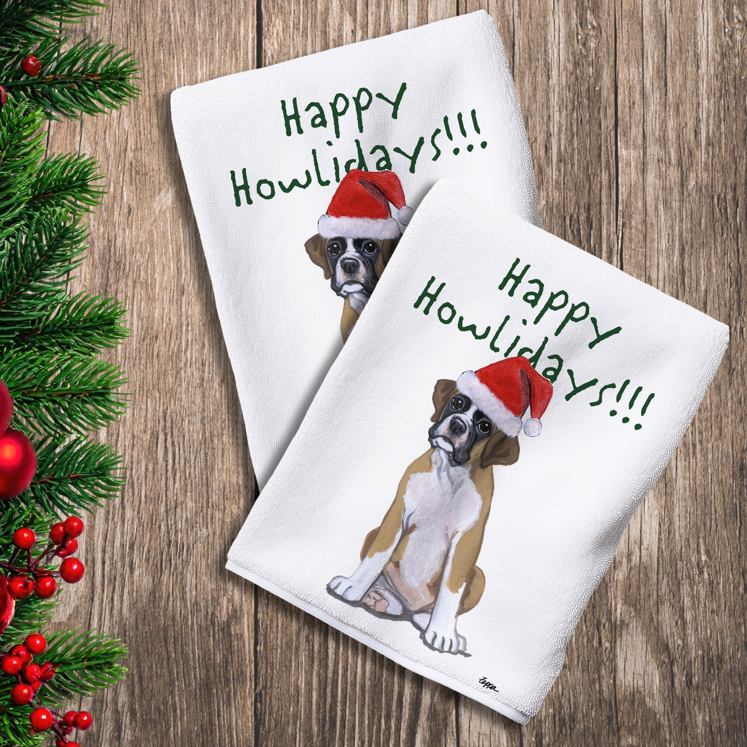 2 Kitchen Towels with a Boxer puppy in a Santa Hat and Happy Howlidays text.