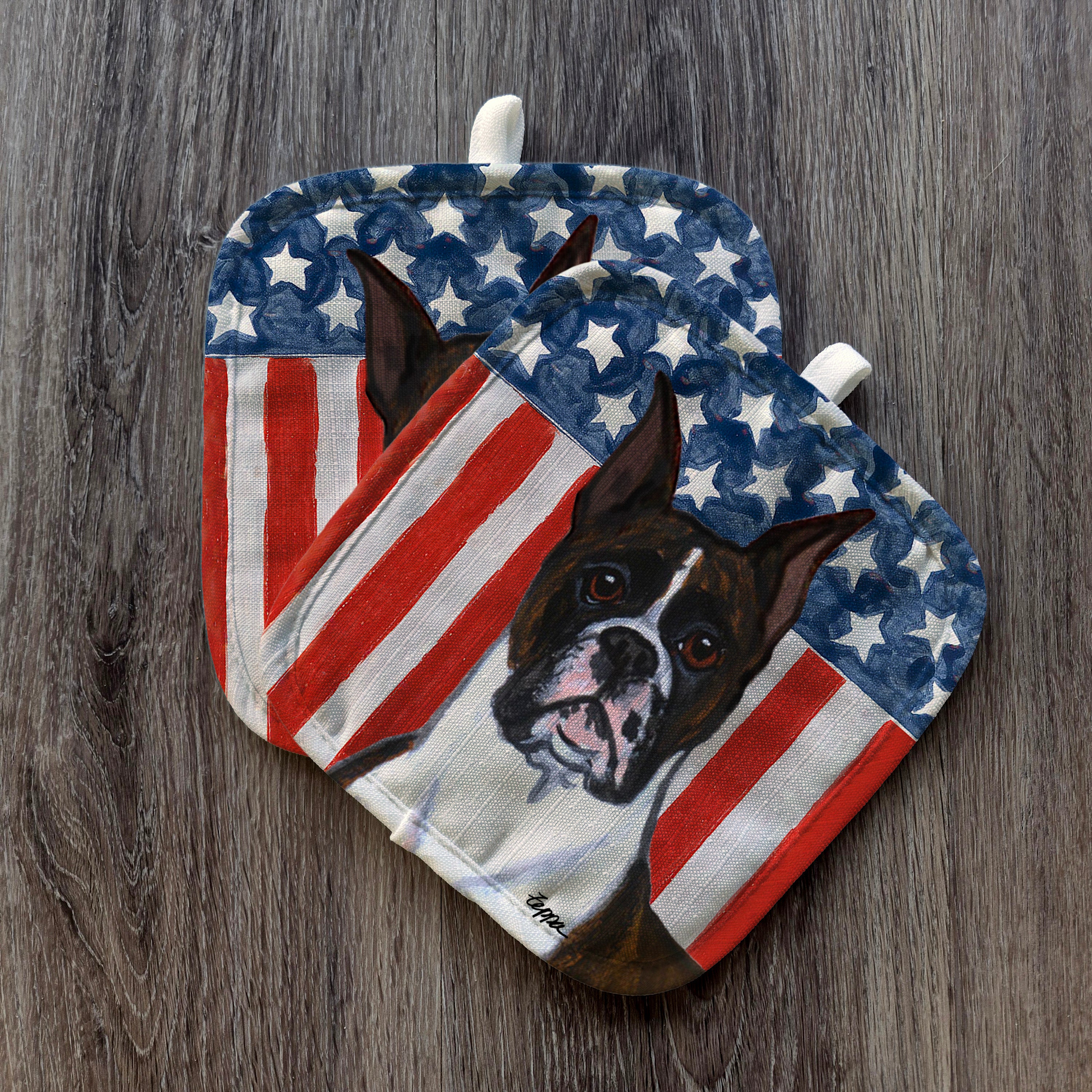 Brindle Boxer Boxer Americana Pot Holder Set