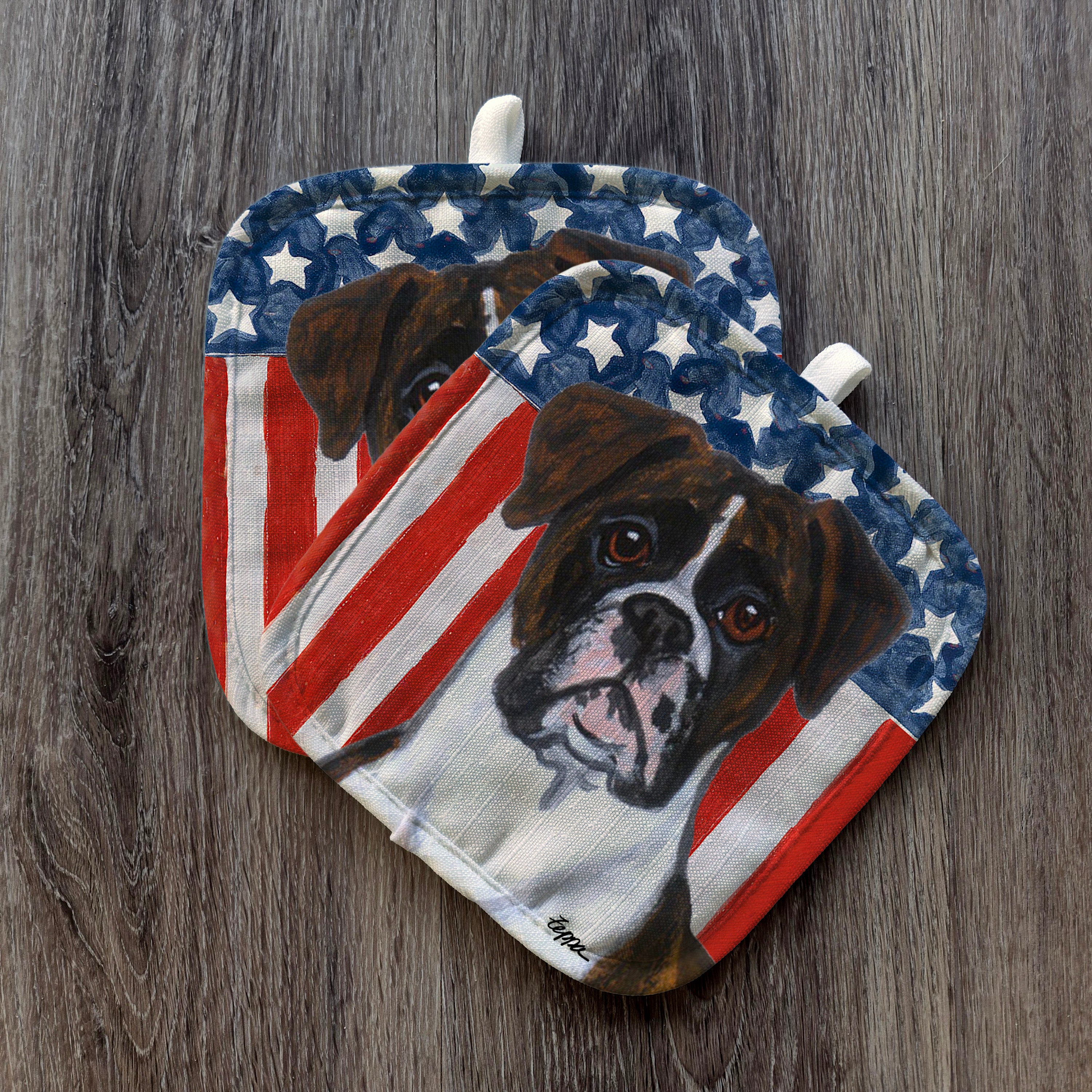Brindle Boxer with Natural Ears Americana Pot Holder Set