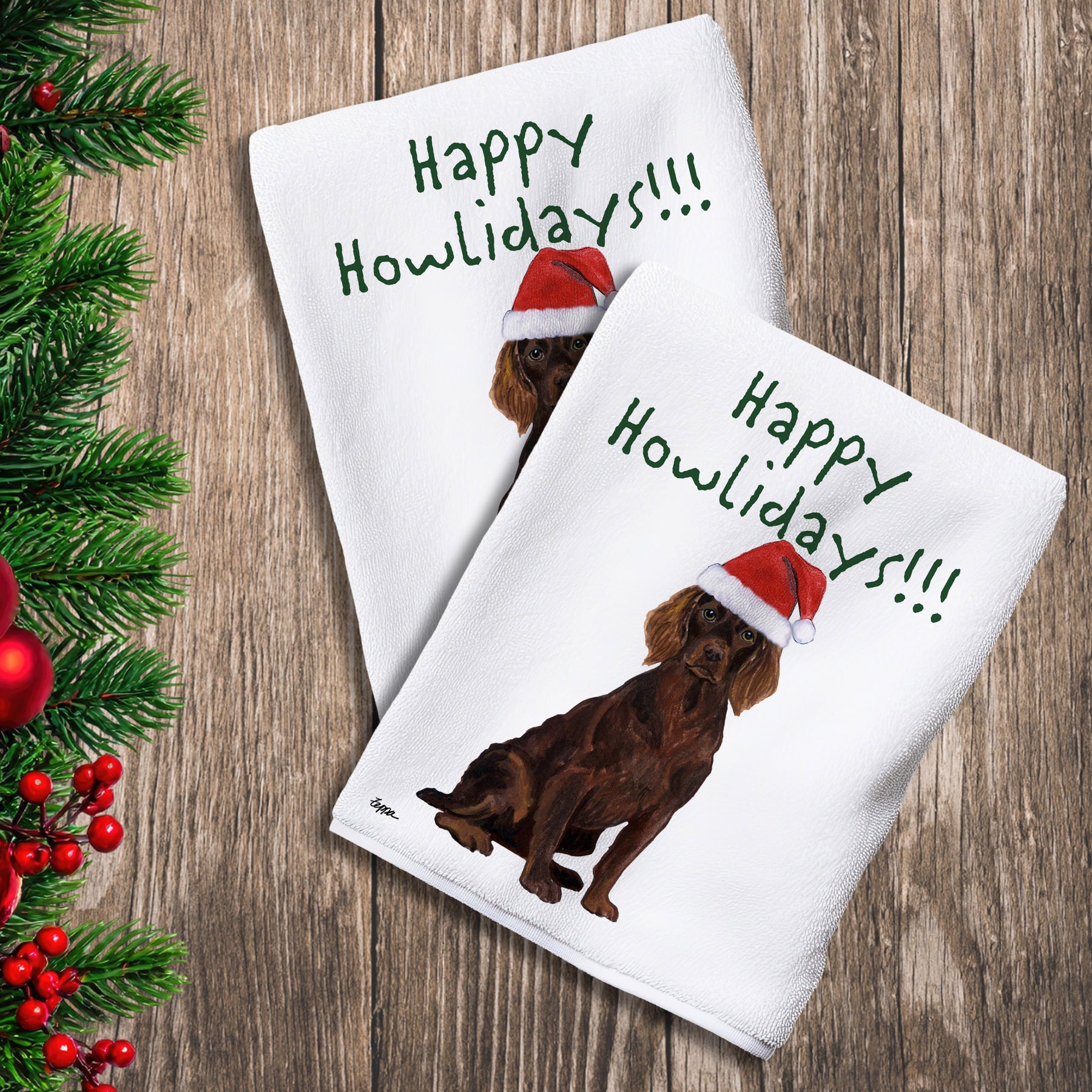 2 Kitchen Towels with a Boykin Spaniel in a Santa Hat and Happy Howlidays text.