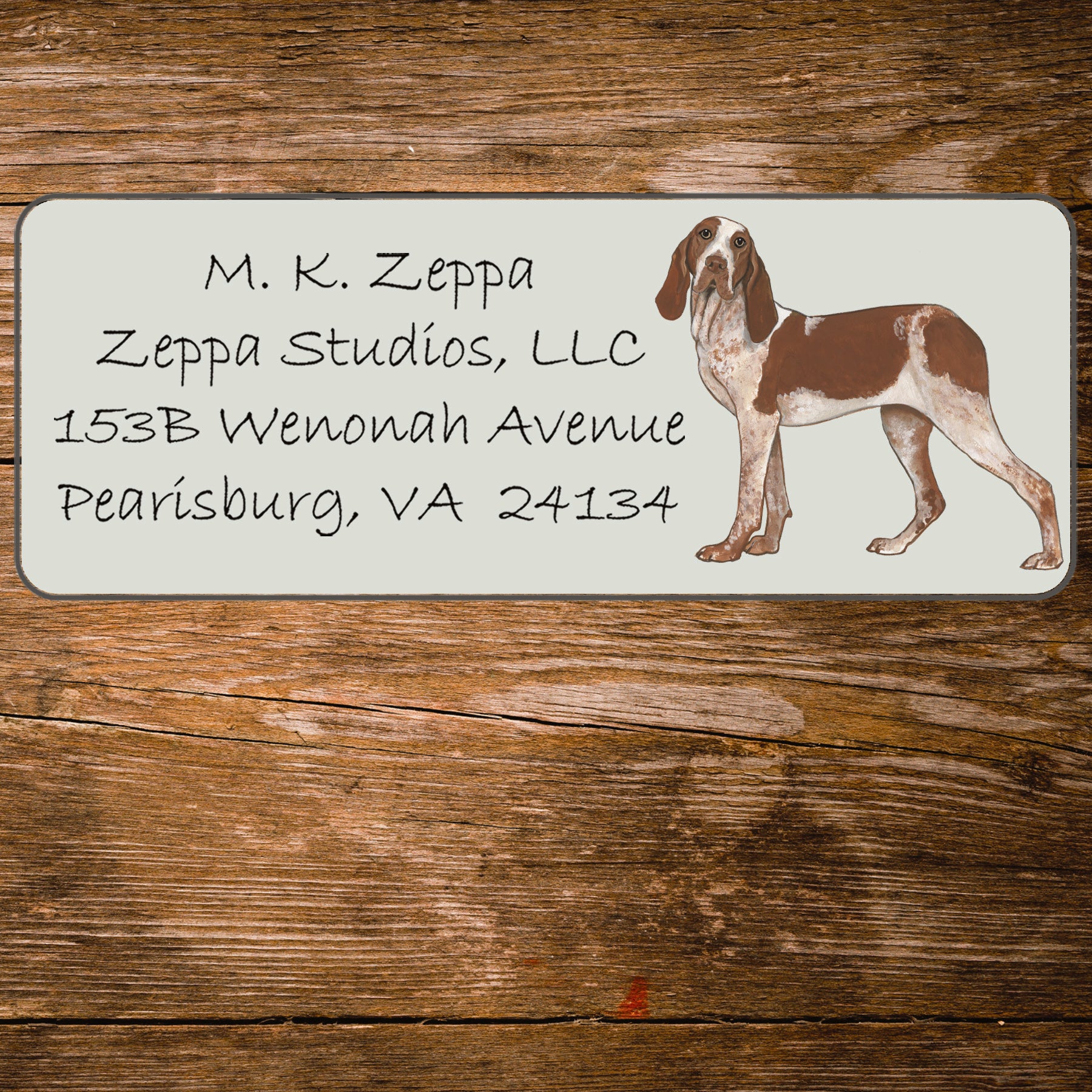 Return address label with an illustration of a Bracco Italiano