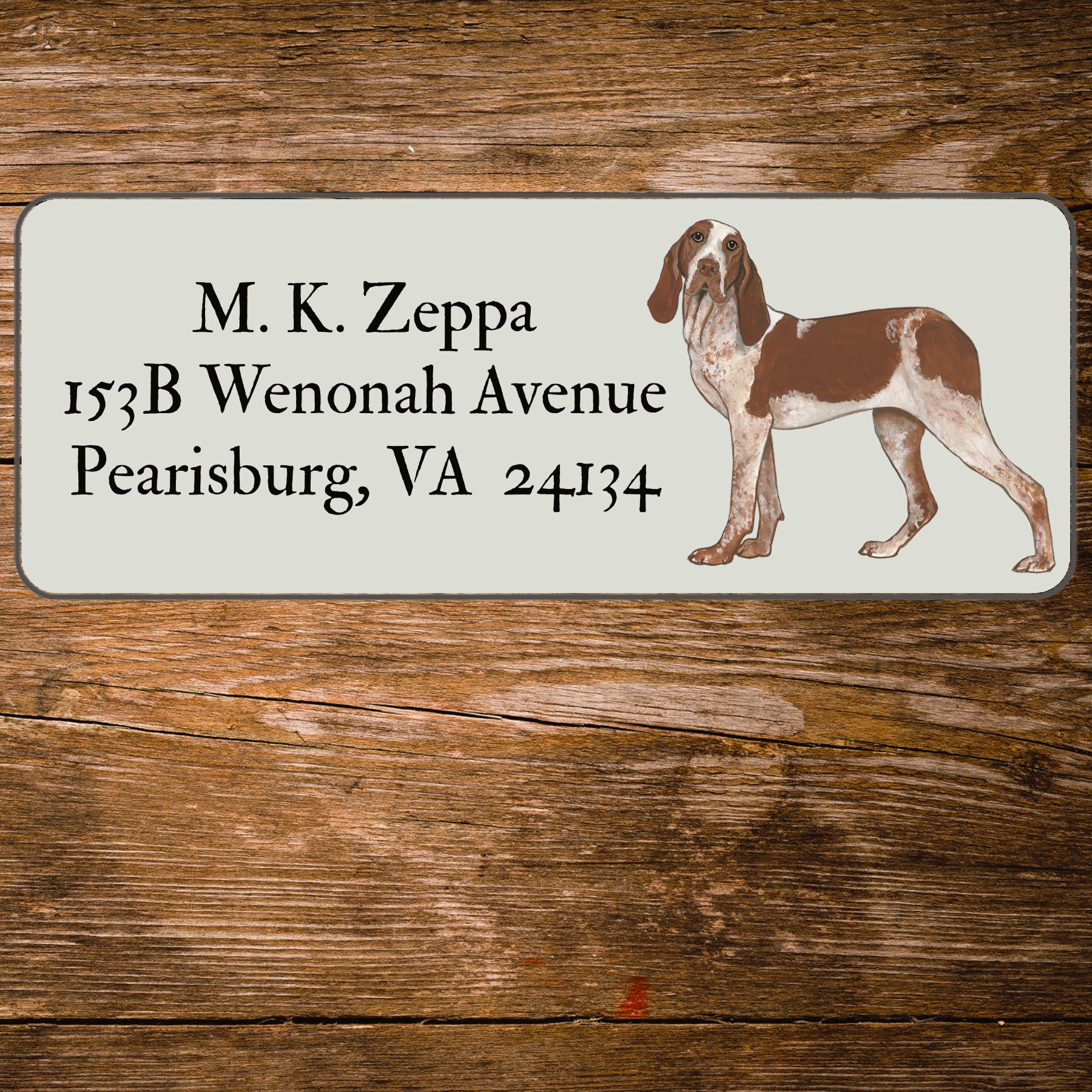 Return address label with an illustration of a Bracco Italiano