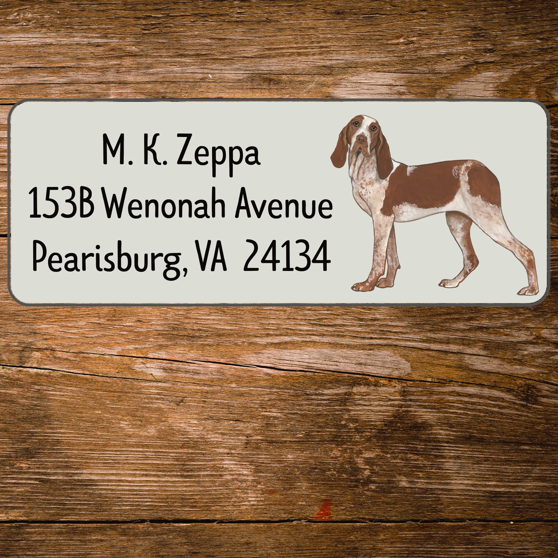 Return address label with an illustration of a Bracco Italiano