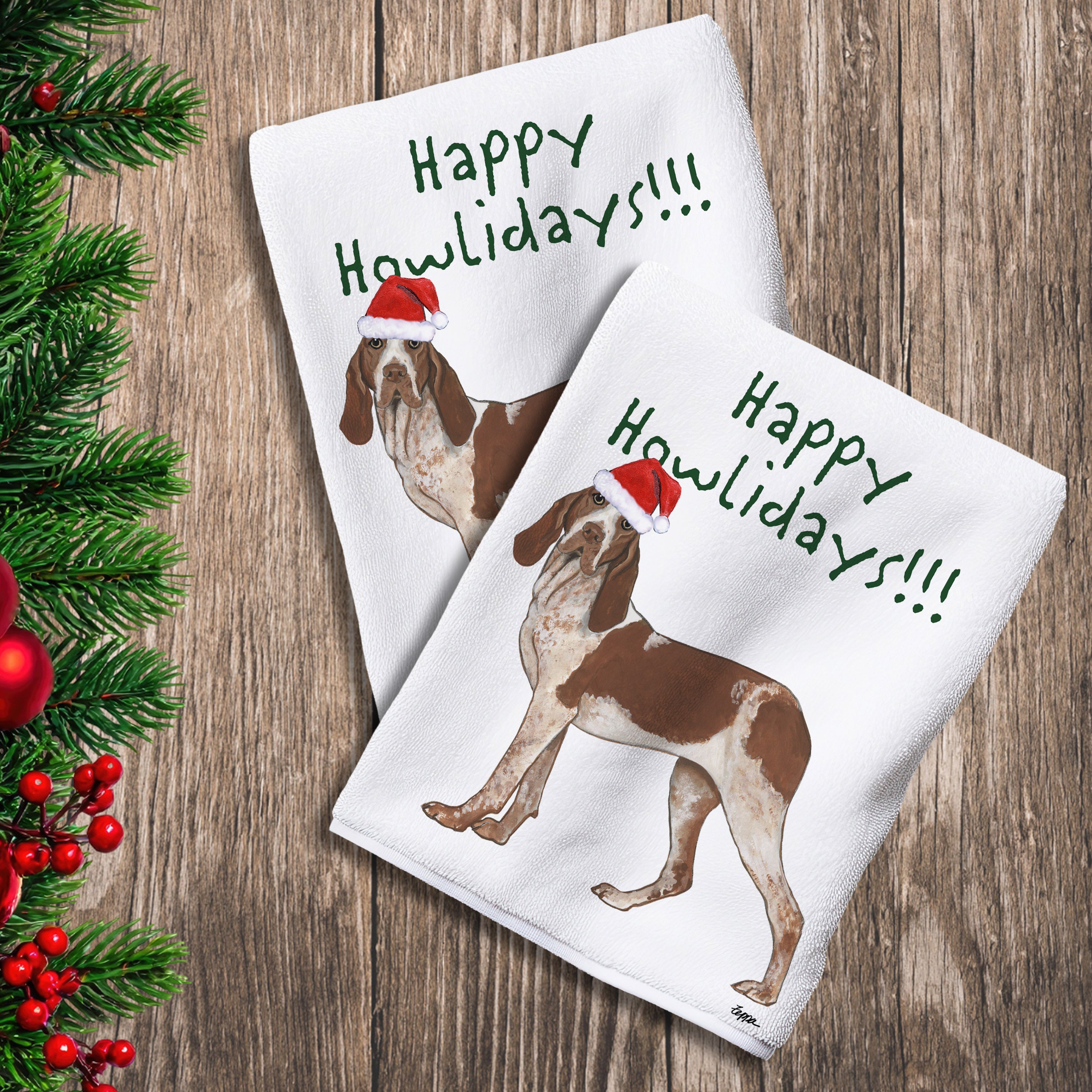 2 Kitchen Towels with a Bracco Italiano in a Santa Hat and Happy Howlidays text.