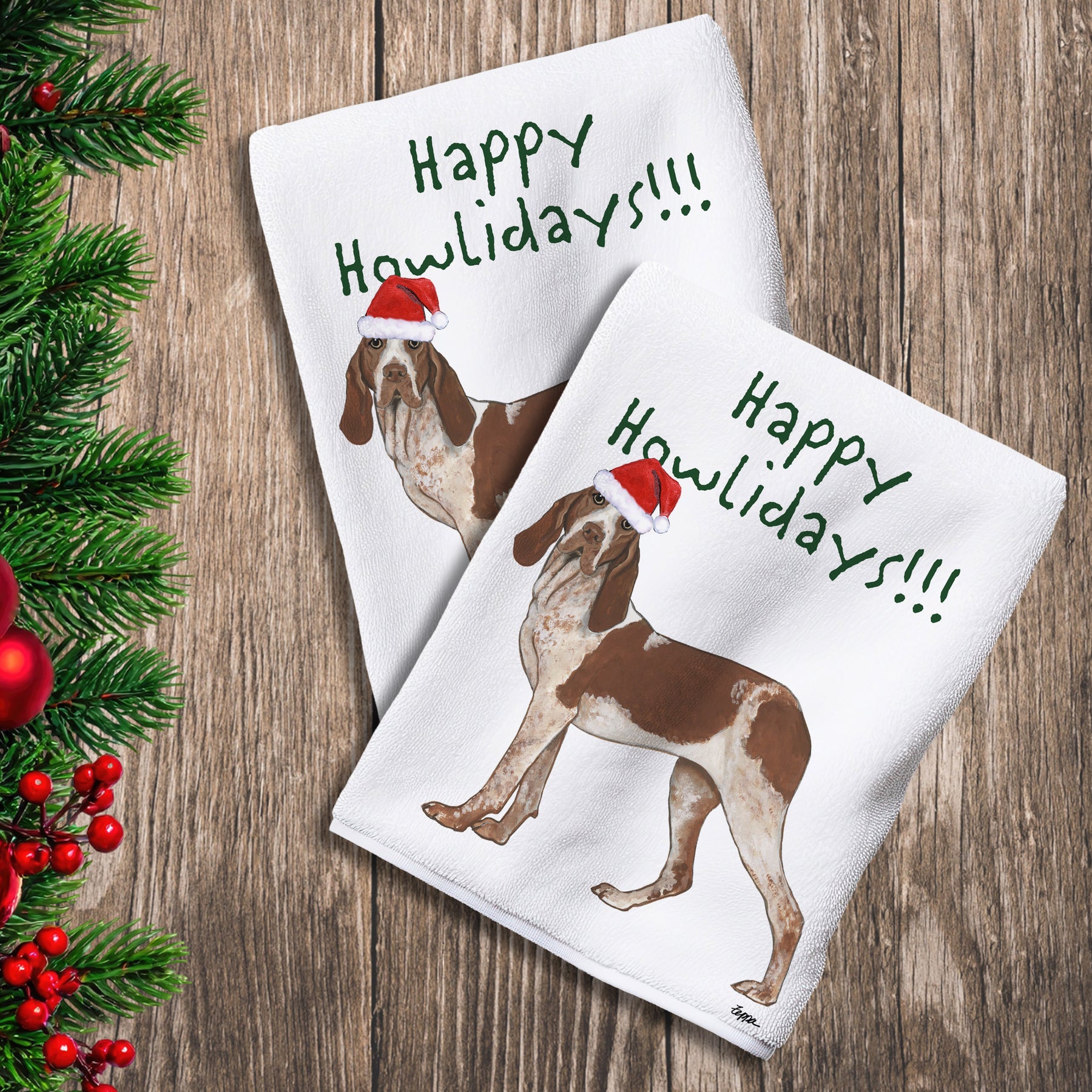 2 Kitchen Towels with a Bracco Italiano in a Santa Hat and Happy Howlidays text.