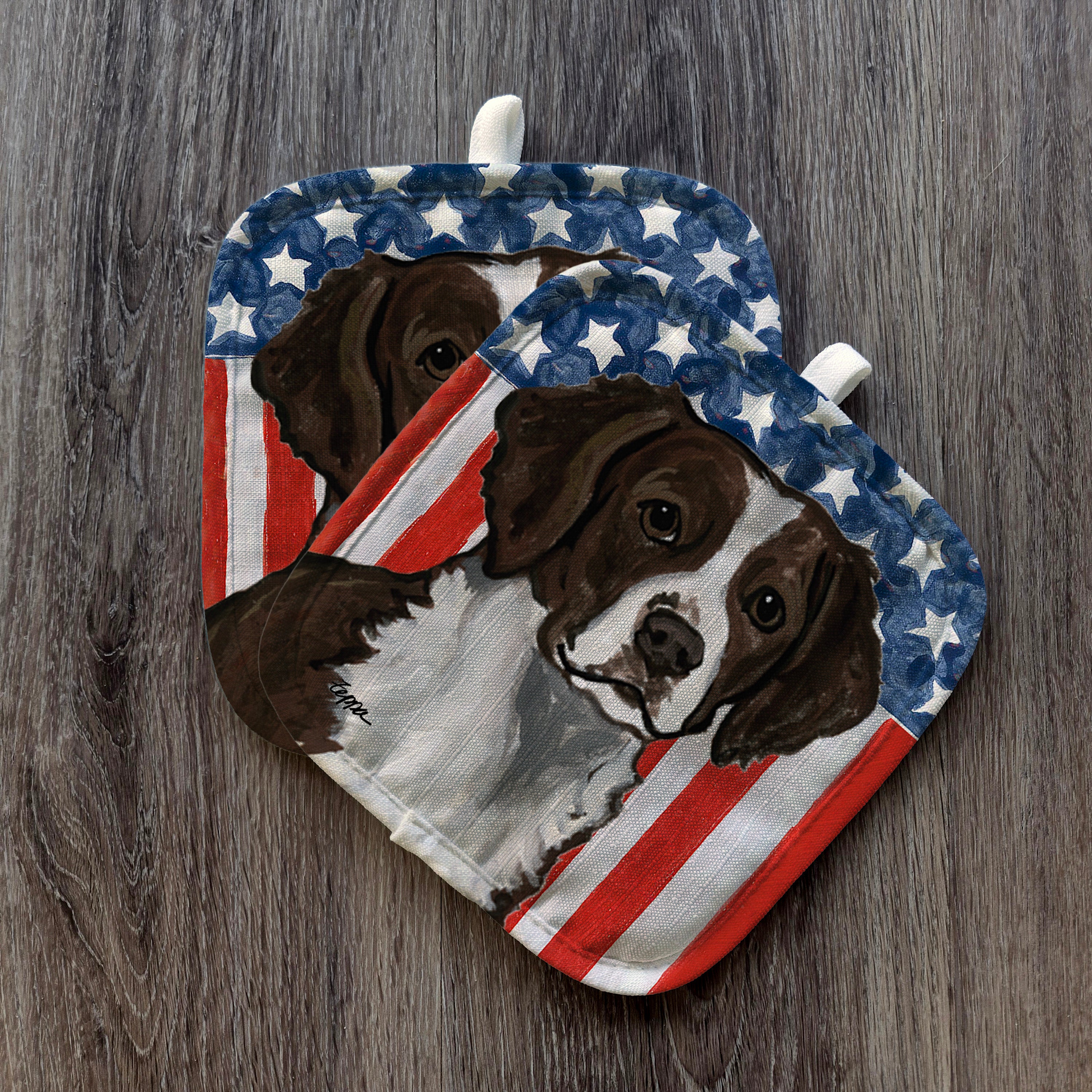Liver and White Brittany Americana Pot Holder Set