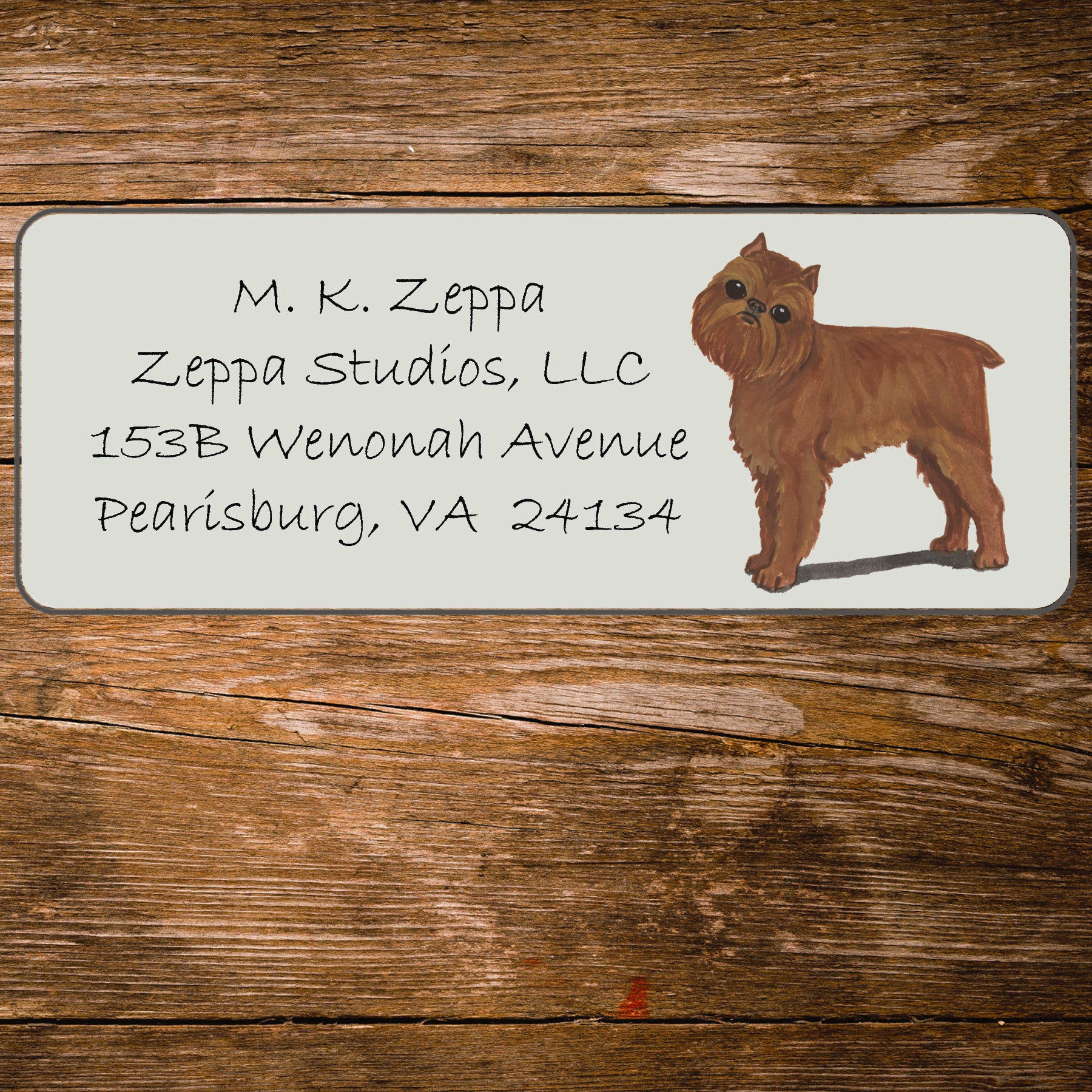 Return address label with a Brussels Griffin illustration.