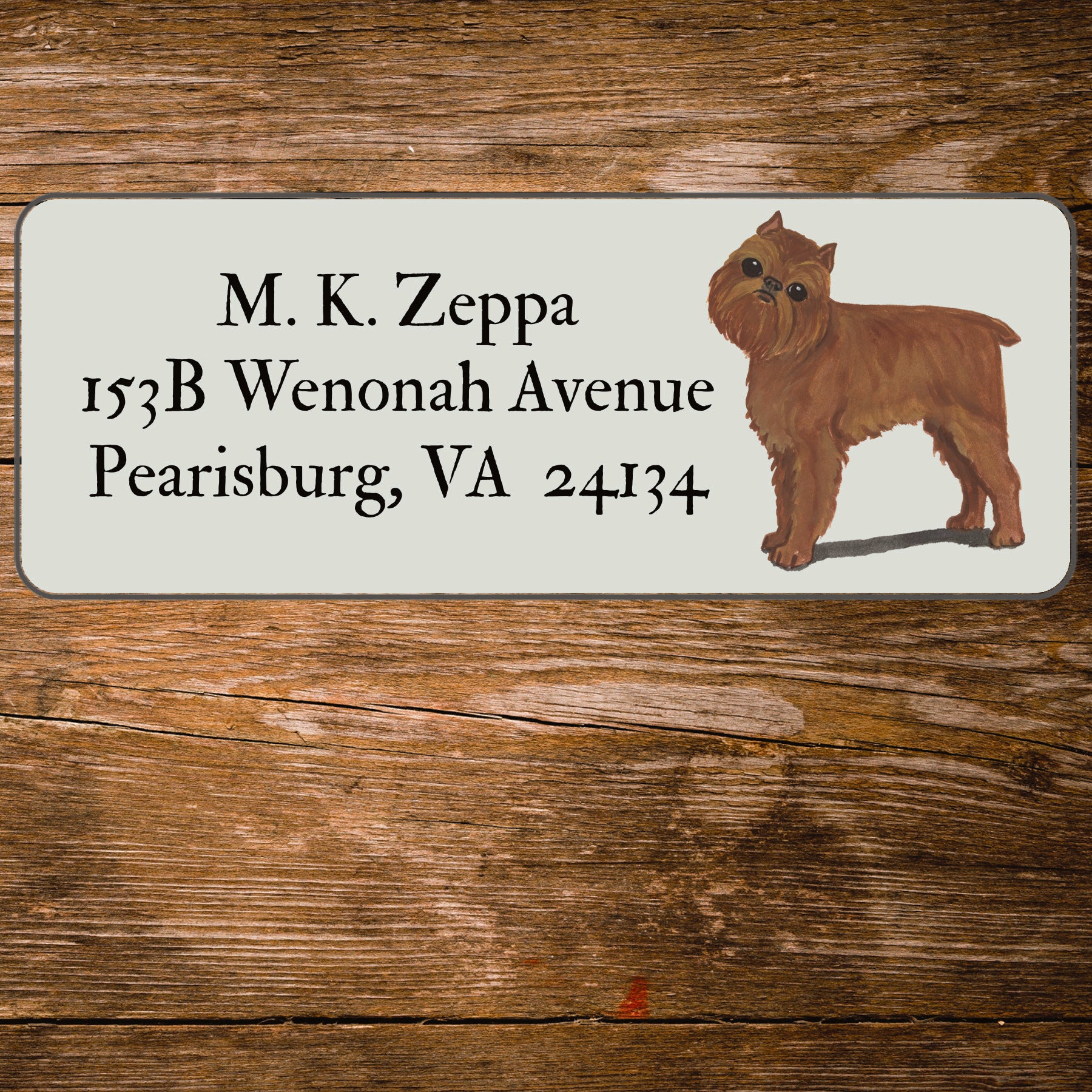 Return address label with a Brussels Griffin illustration.