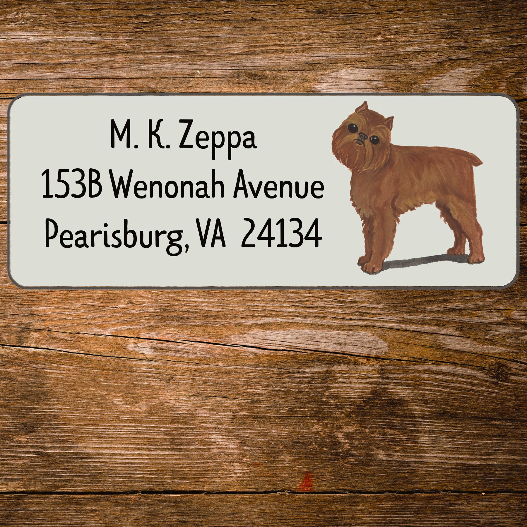 Return address label with a Brussels Griffin illustration.