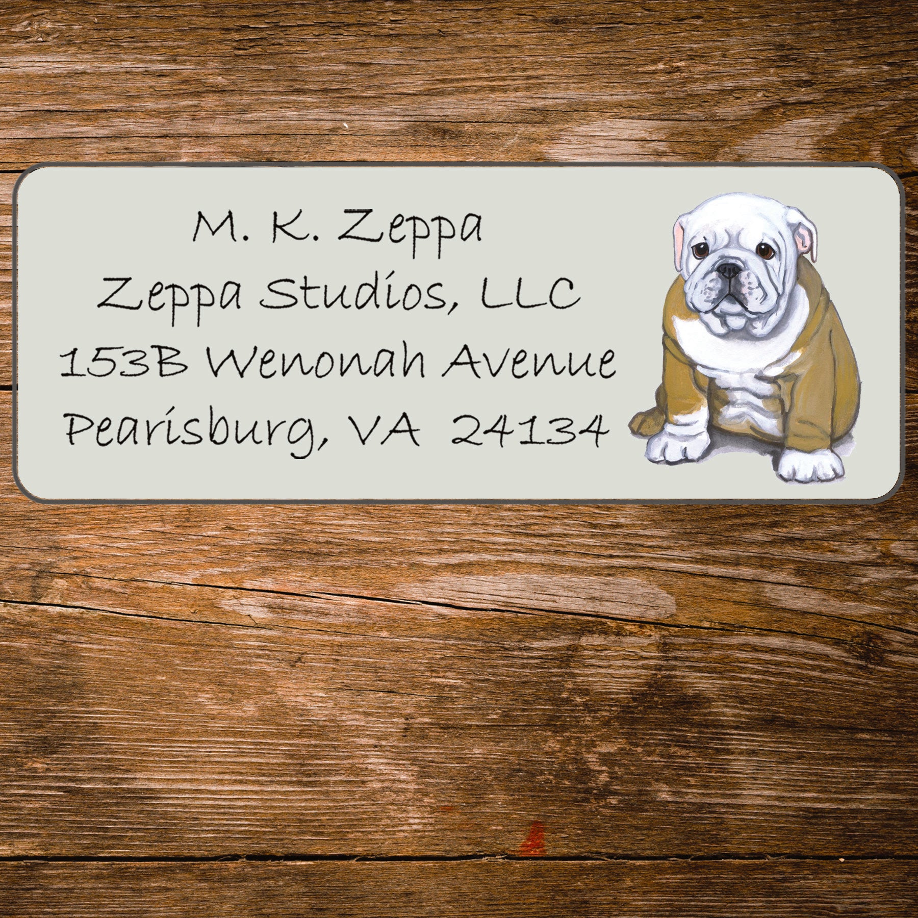 Return address label with a Bulldog illustration.