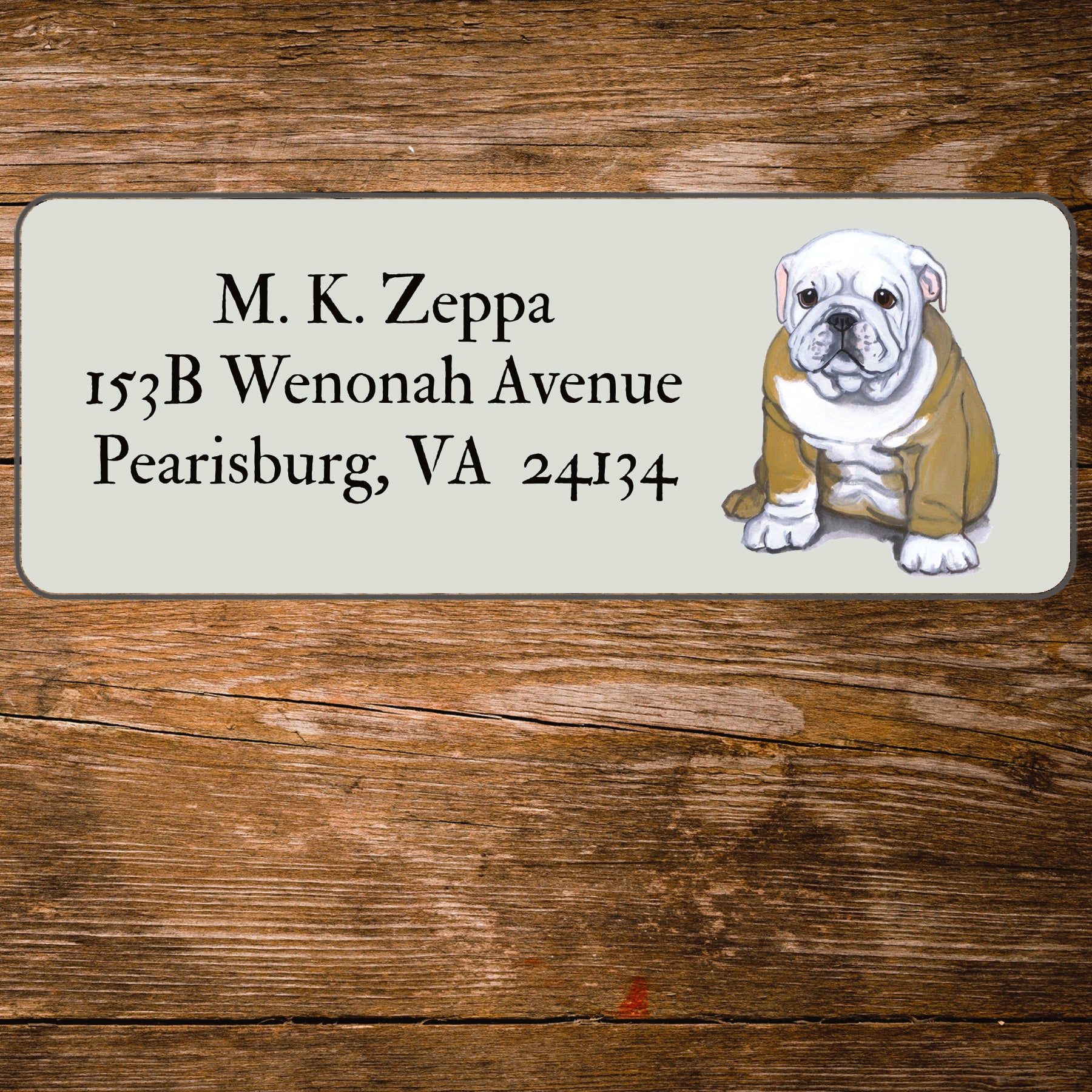 Return address label with a Bulldog illustration.