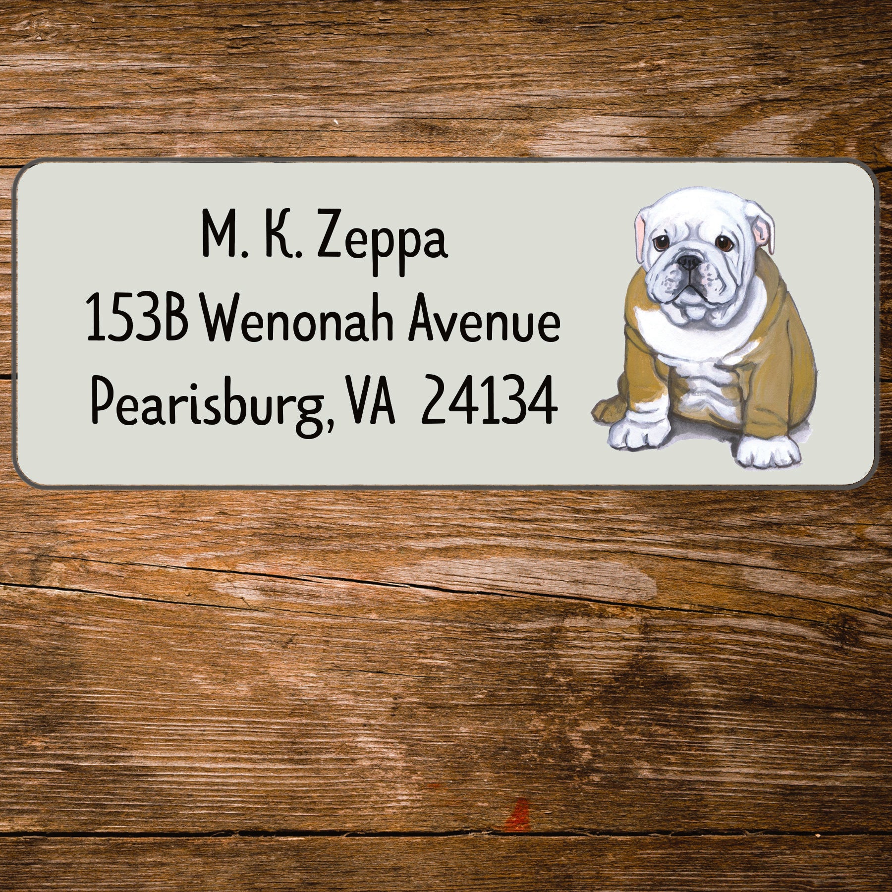 Return address label with a Bulldog illustration.