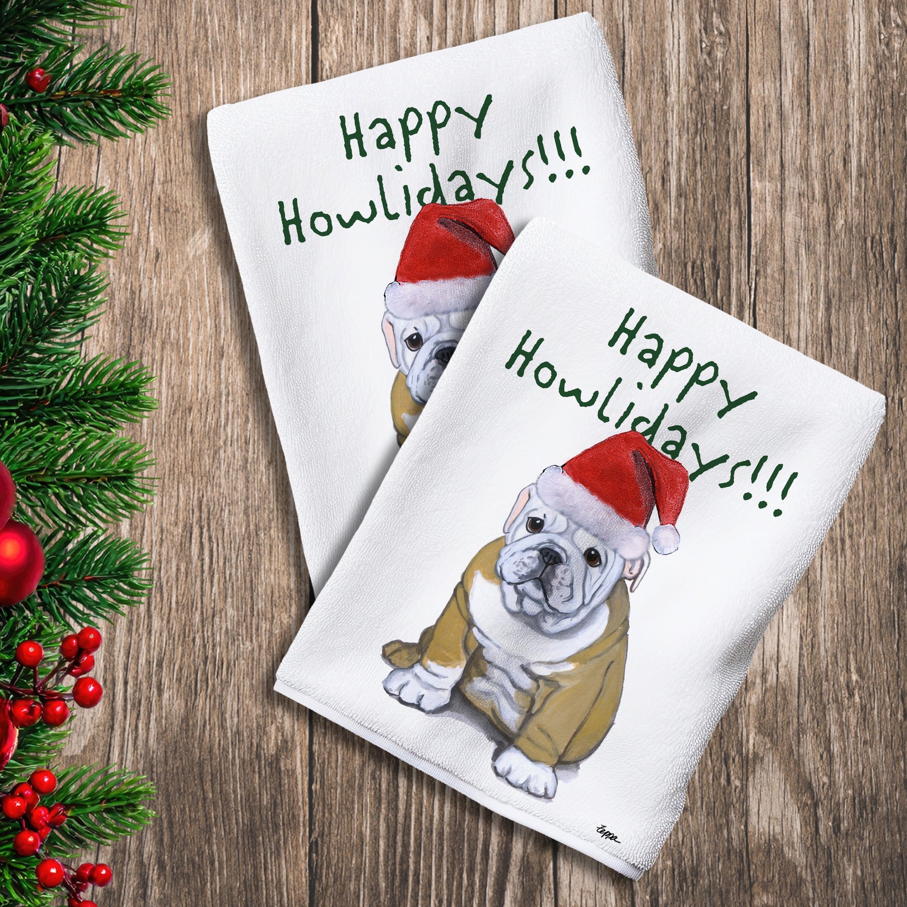2 Kitchen Towels with a Bulldog puppy in a Santa Hat and Happy Howlidays text.