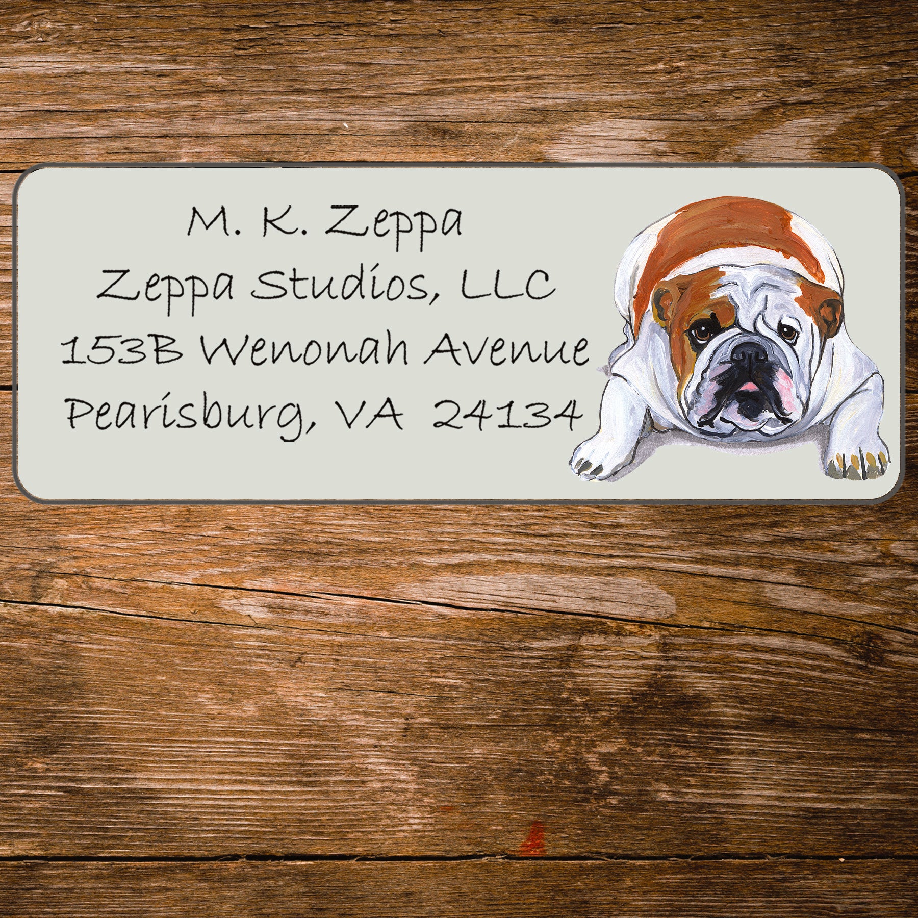 Return address label with a Bulldog illustration.